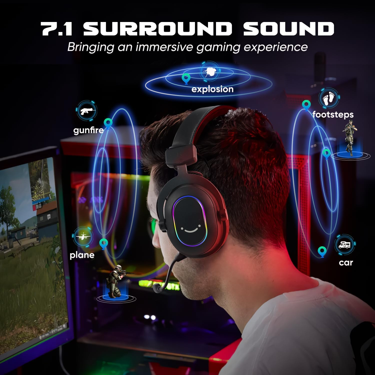 FIFINE Gaming Headset with Microphone, over Ear Headphones with Cable, USB Headset for PC PS4 PS5, RGB Headphone with 3 EQ Modes, Surround Sound and Ear Pads