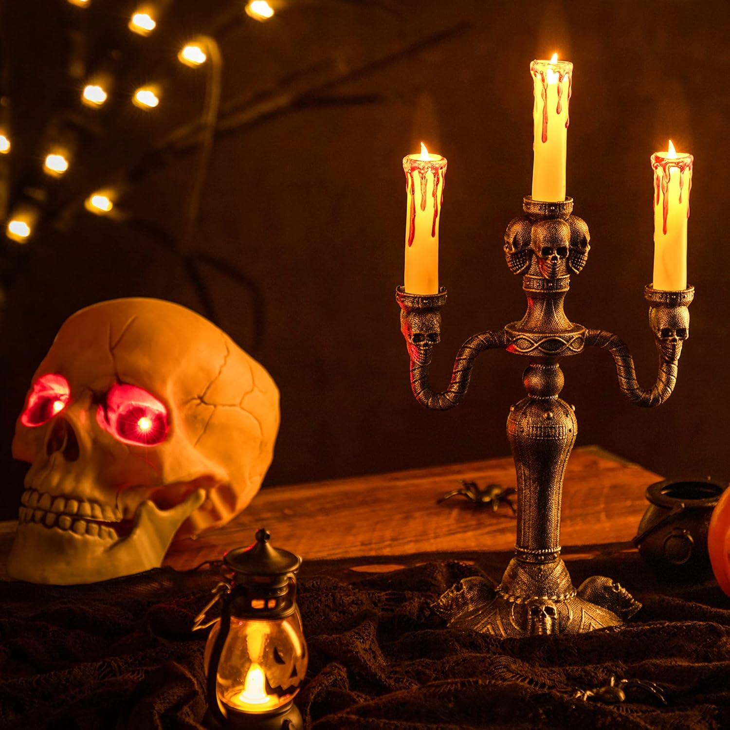 JOYIN 2 Pcs Skull Candelabra Halloween Decorations Indoor LED Lights Candles Holder Table Home, Scary Haunted House Mansion Decor image number 2