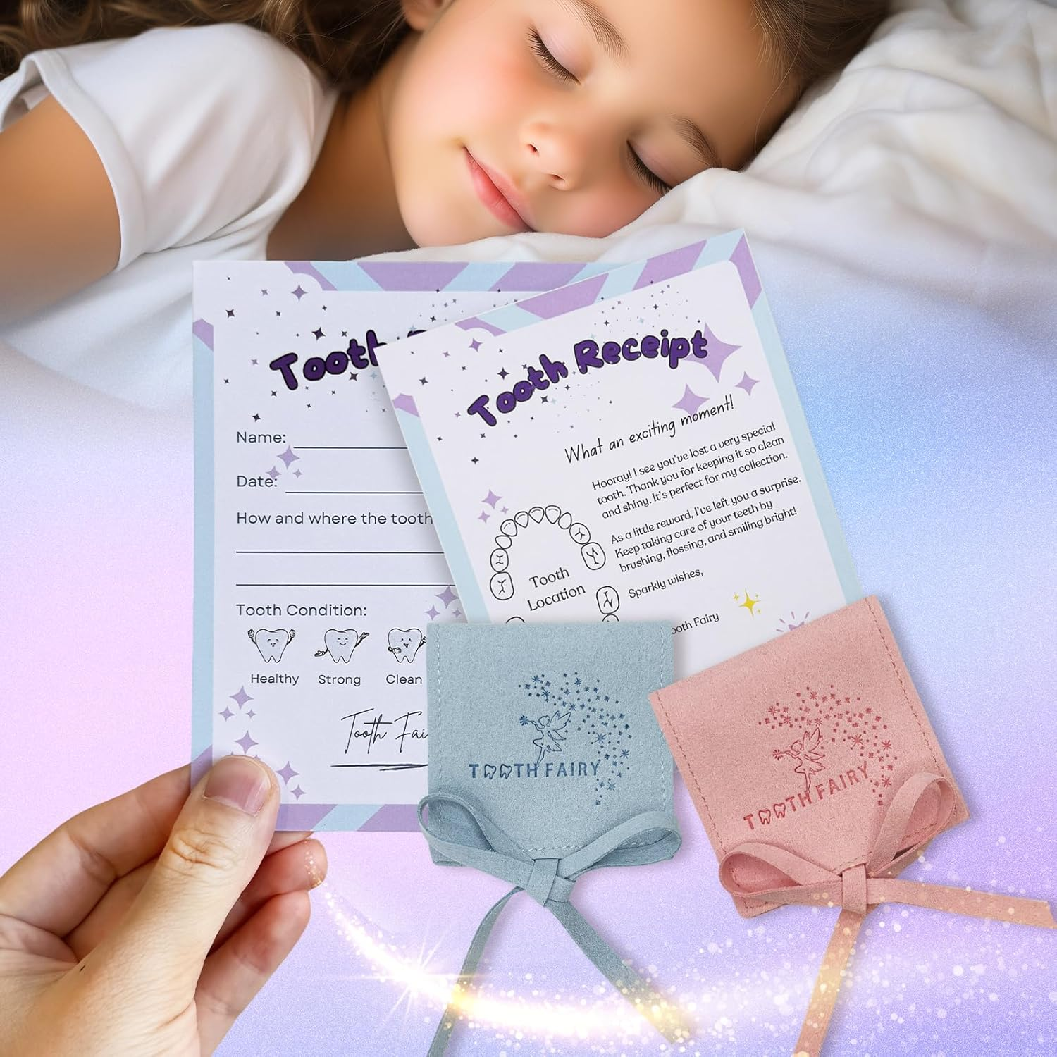 Tooth Fairy Paper Receipts (22 Pack) and 2 Tooth Pouches (Pink and Blue Each) for Kids, Lost Tooth Notes with Tooth Holders, Tooth Fairy Keepsake Kit, Lost Baby Teeth Storage image number 2