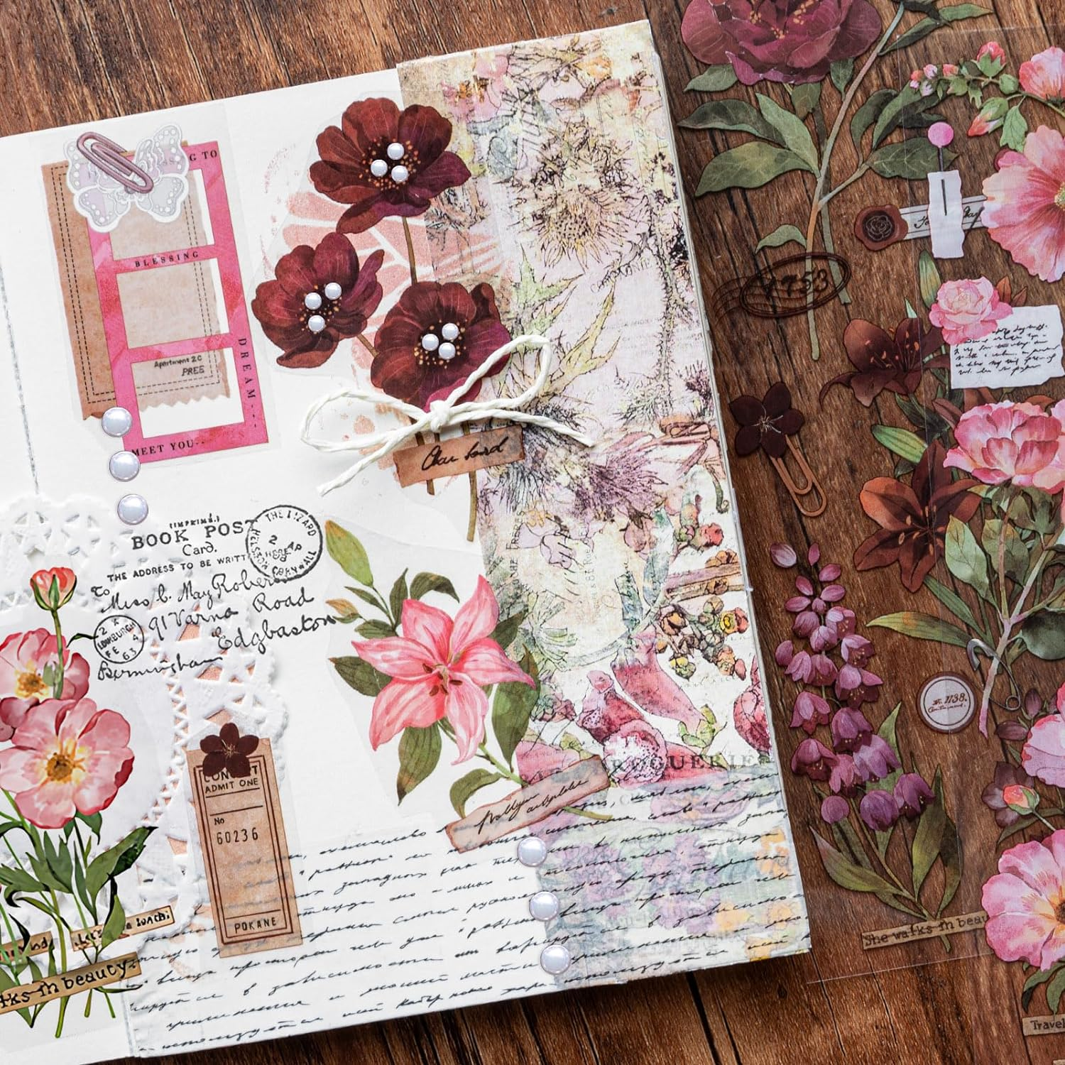 4 Packs Vintage Flower Sticker Scrapbook Sticker Decorative Floral Decal Planner Sticker for DIY Crafts Card Making Decoration Album Diary Calendar Schedule Journaling Kit (Letter)