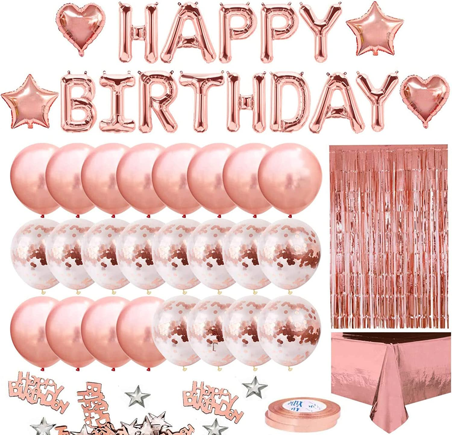 DAWNTREES Birthday Balloons for Girls, Birthday Decorations, Happy Birthday Party Banners, Rose Gold Tassel Curtains, Aluminum Foil Tablecloths, Heart-Shaped Star Foil Confetti Balloons.(Pink)