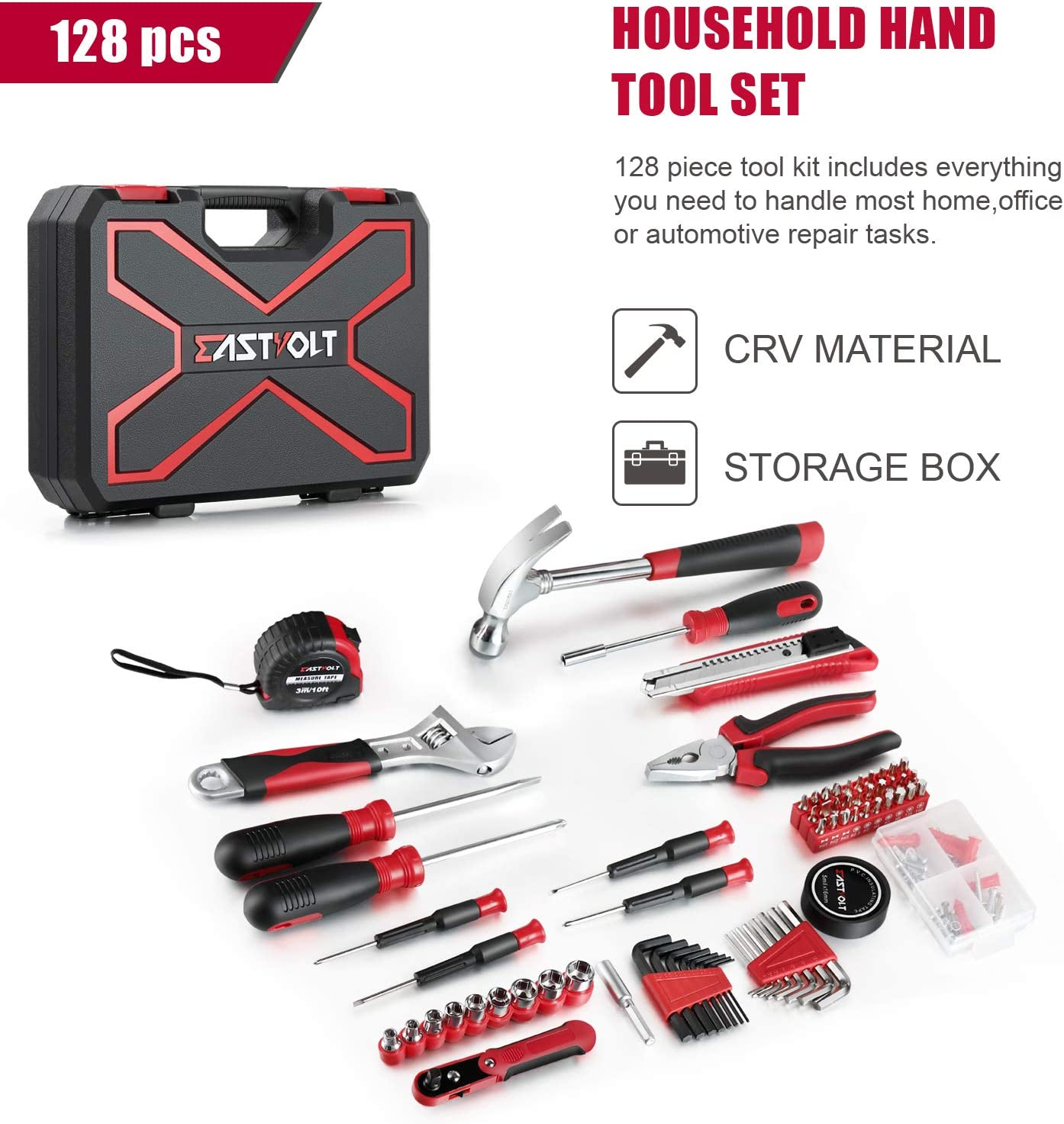 Eastvolt 128-Piece Home Repair Tool Set, Tool Sets for Homeowners, General Household Hand Tool Set with Storage Toolbox, EVHT12801, Black + Red (ASK01) image number 1