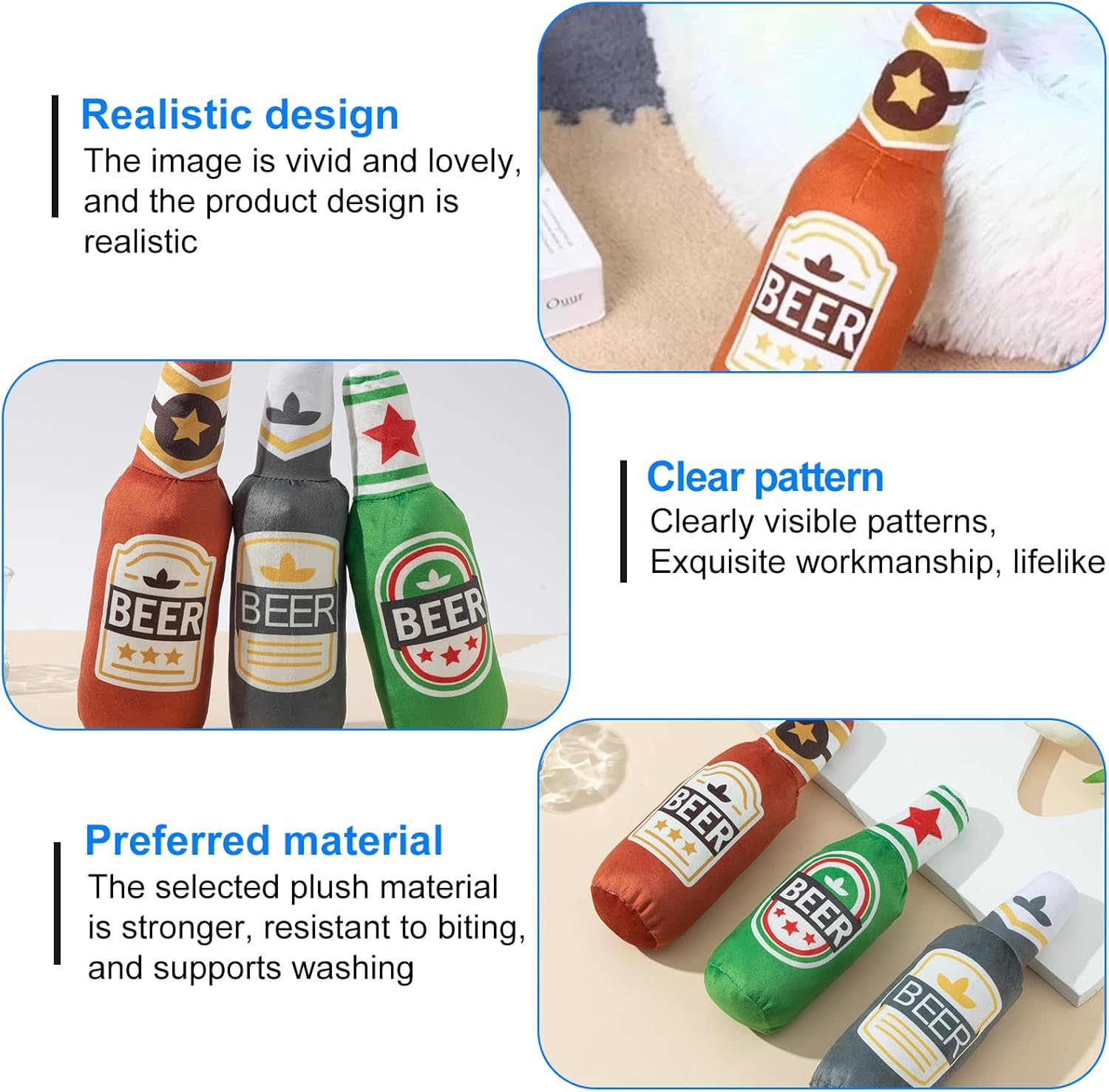 HOMURY Pack of 3 Plush Dog Toy, Squeaky Soft Beer Bottle Cat Toys with Catnip Paper, Plush Beer Bottle Toy, Chew Toy for Cats and Dogs image number 5