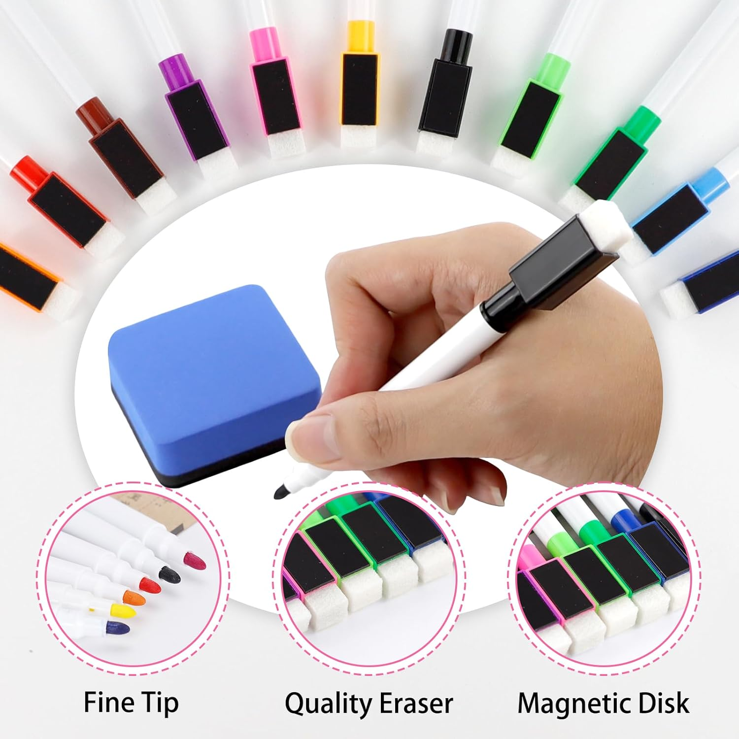 YRYUNRUI 36 PCS Magnetic Dry Erase Markers with Erasers Cap & 3 Dry Erase Eraser, 11 Colors Whiteboard Markers Fine Point Tip, Mini Dry Erase Pens Bulk for Kids School Office Home image number 4