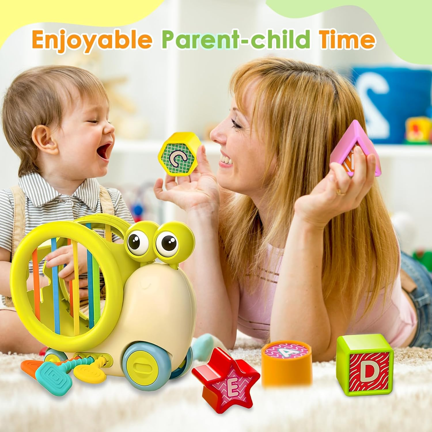 Caunedy Snail Activity Cube, Montessori Toy Sensory and Educational Toddler Toys with Shape Sorter and Pull String, Education Cube for Baby Plane Travel,Gift for Boy and Girl 1 2 3 Year Old image number 2