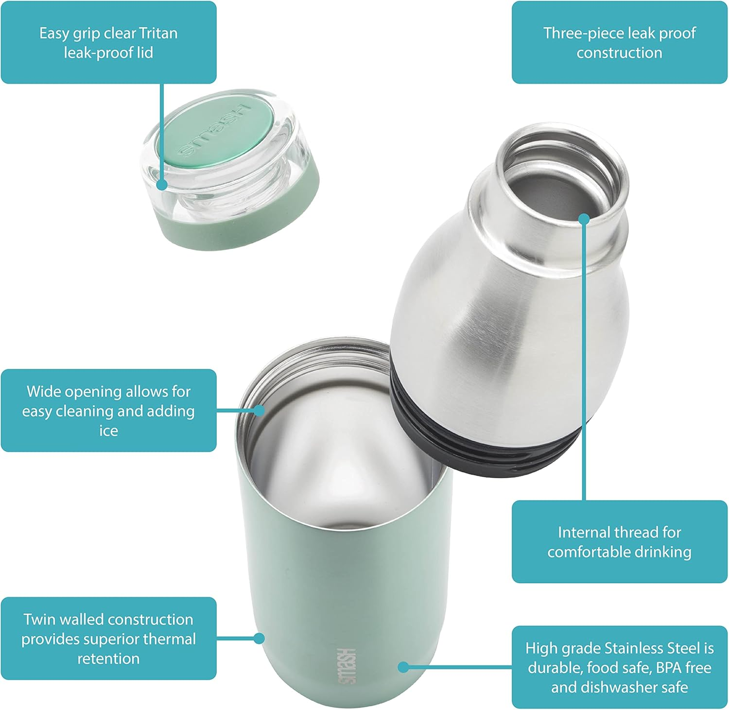 Smash Stainless Steel 500Ml Water Bottle, Sage - Blush image number 4