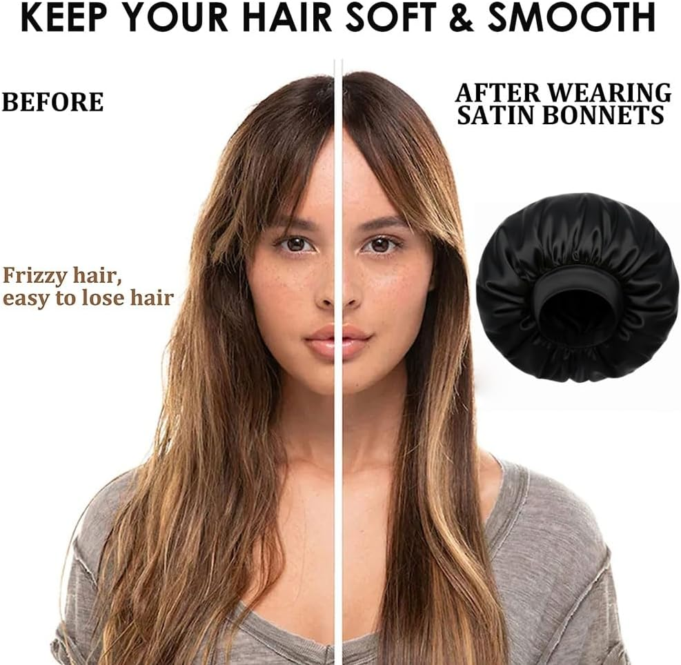 Black Silk Bonnet for Women Curly Hair Cover Satin Bonnets for Sleeping Large Satin Sleep Cap Head Cover Wide Band Silk Night Hats image number 6