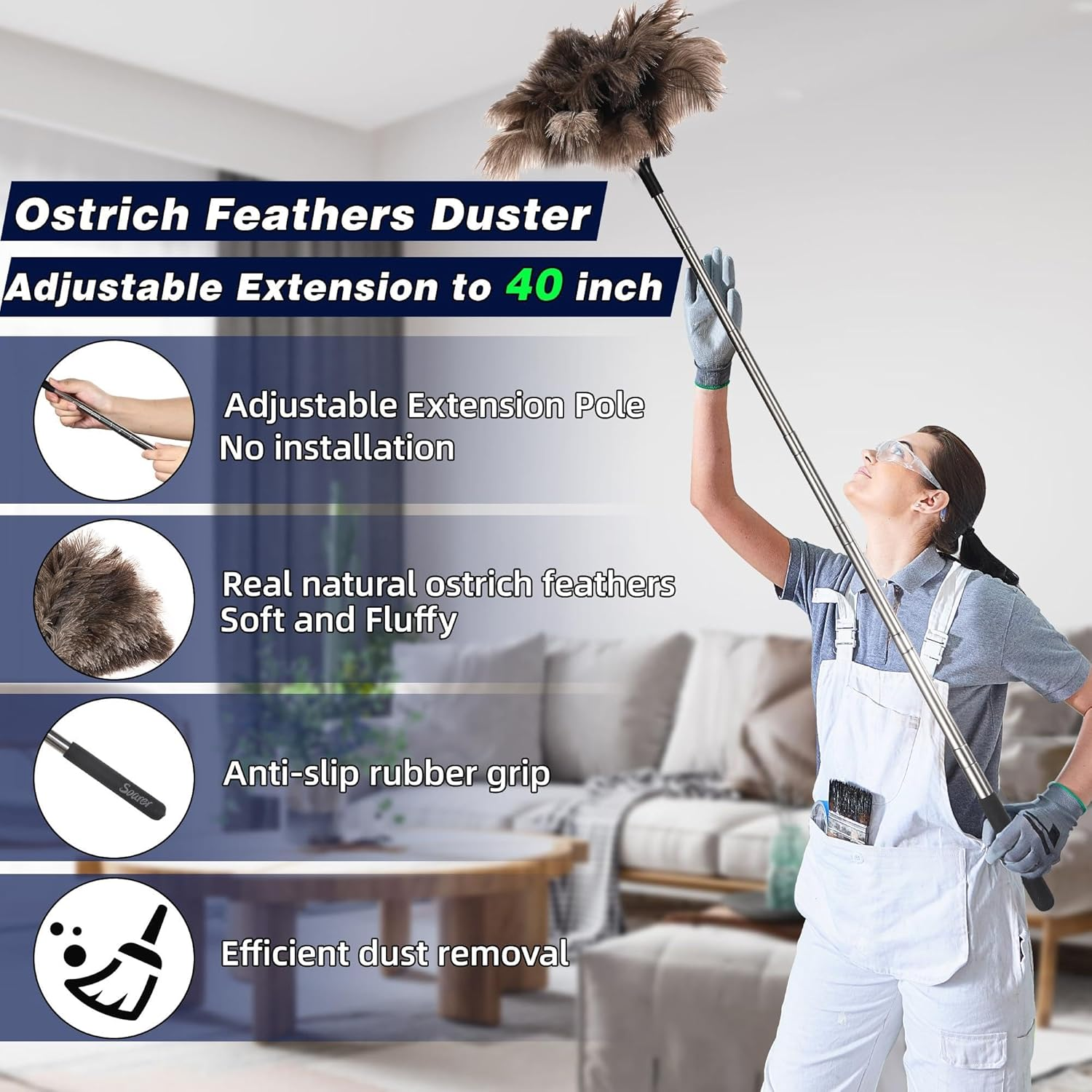 Extendable Ostrich Feather Duster - 40 Inches Fluffy Long Handle Reusable Feather Duster for Cleaning Ceiling Fan,Pendant Lamp, High Ceiling, Blinds, Furniture