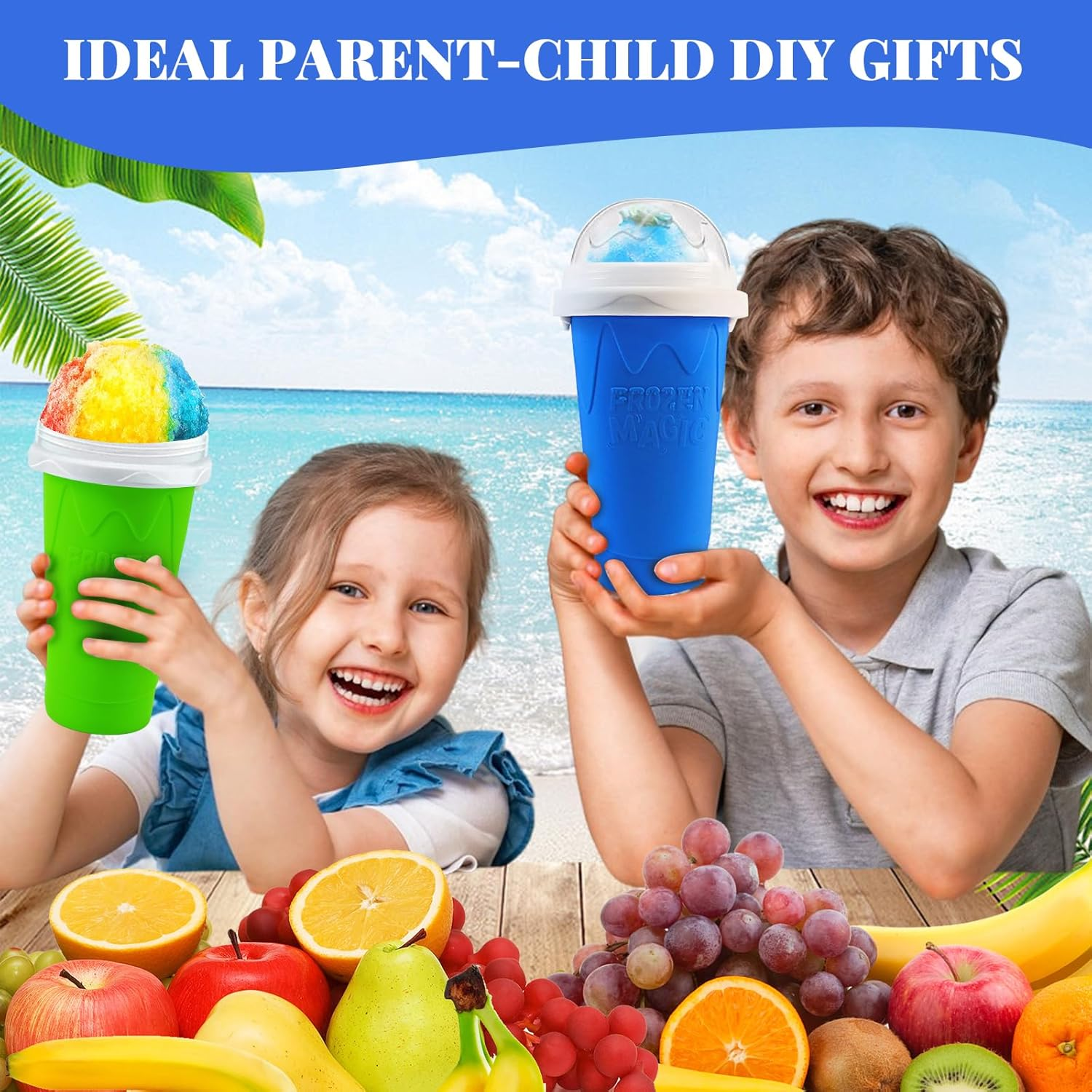 FANS-ONE Slushie Cup, 2 Pack Slushy Maker Cup, Frozen Magic Squeeze Cups for Juice Milk Yogurt Ice Cream Make, DIY Smoothie Cooling Cup with Lid & Straw for Kids Friends Family (Blue+Green) image number 5