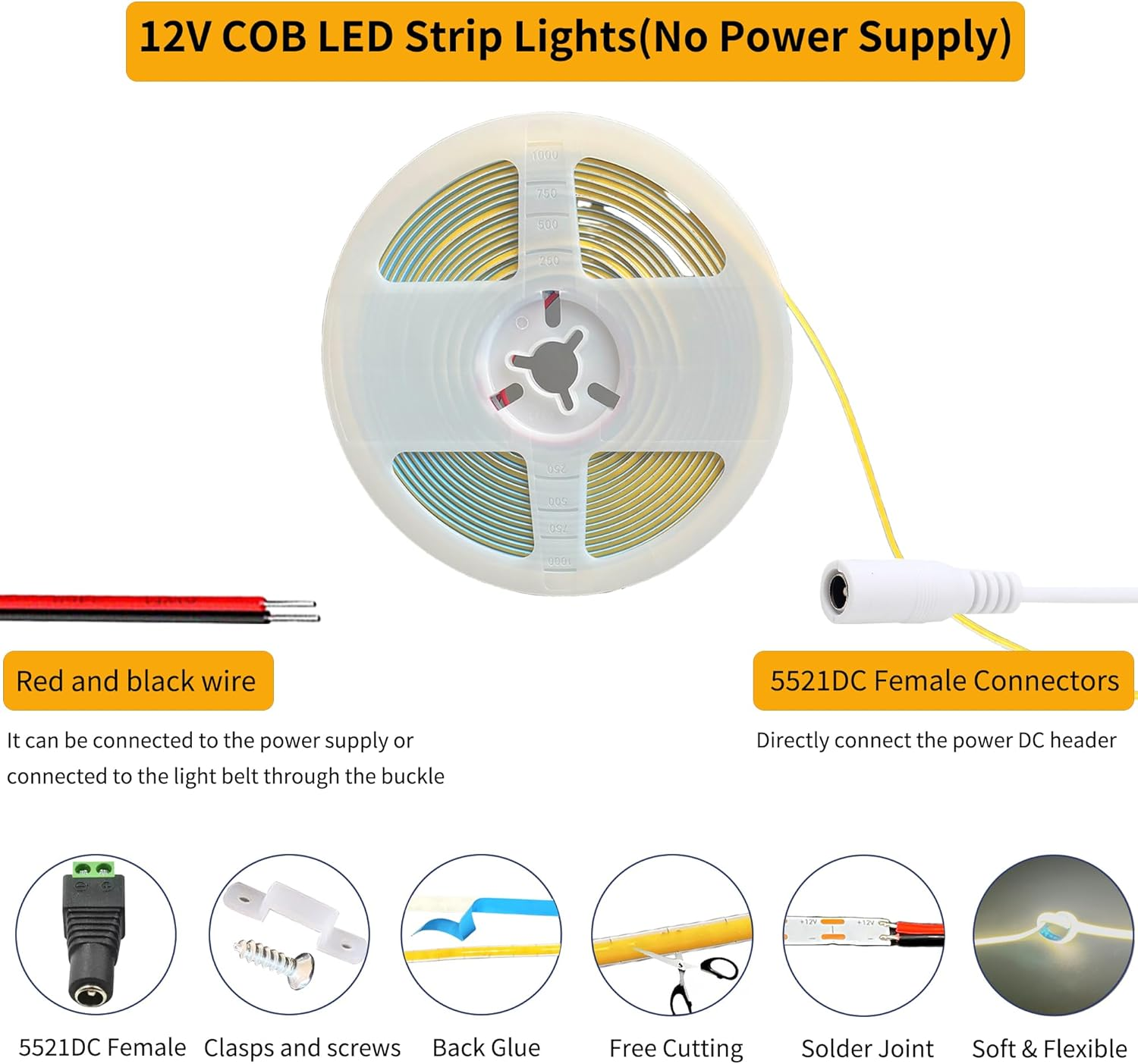 12V 5Mm Width COB LED Strip Lights(No Power Supply),16.4Ft/5M,Warm White 3000K,400Leds/M,With 5521DC Female Connector,10W/M,Cri90,4500Lm,Electroplated Double-Sided Panel Light Strip,Ip20 - Coolwhite-6500K image number 6