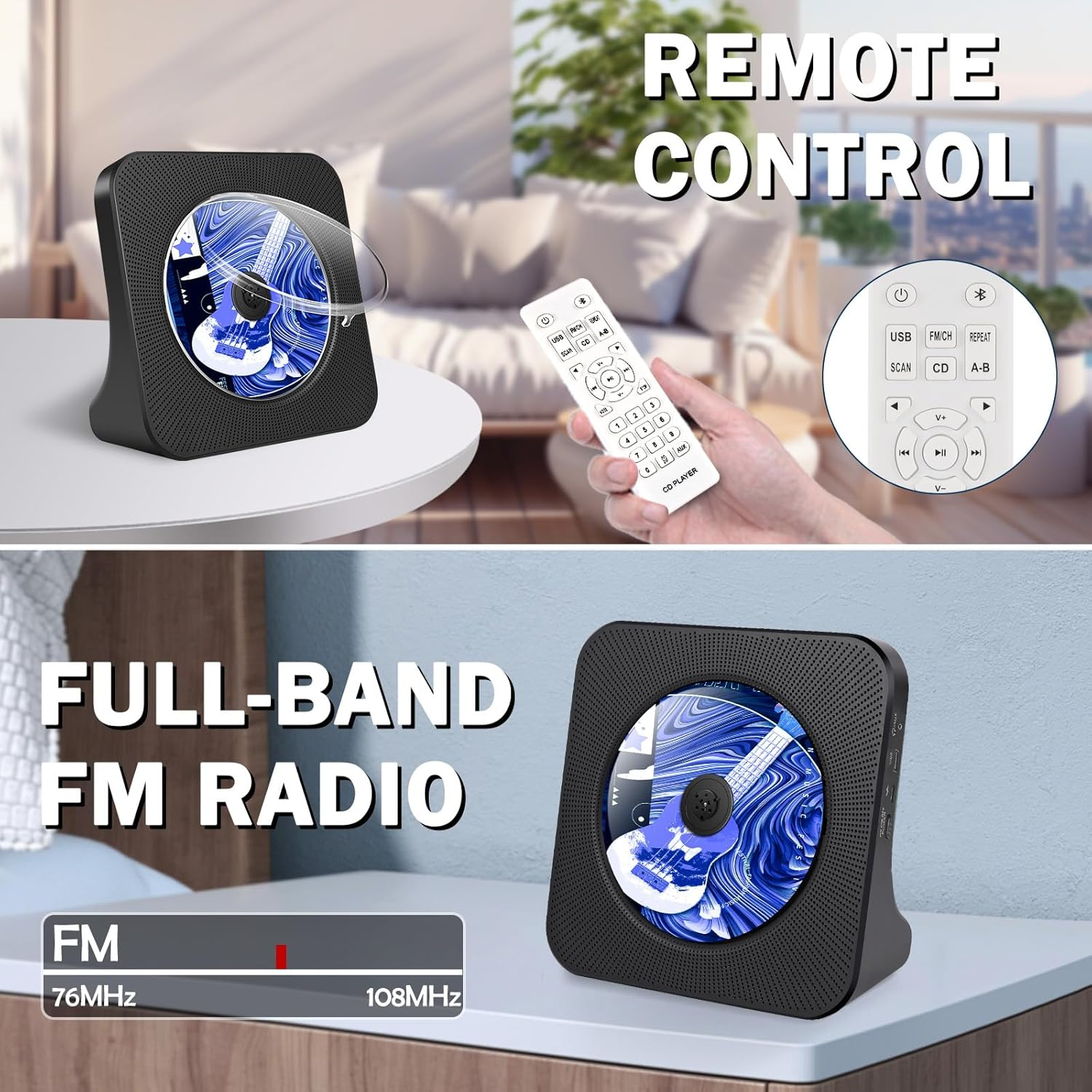 TODANGAI Rechargeable Portable CD Player, Bluetooth CD Players with 4000Mah Battery, Home Desktop Music Players with Remote Control, Supports Bluetooth, FM Radio, U Stick, AUX, Timer, Remote Control