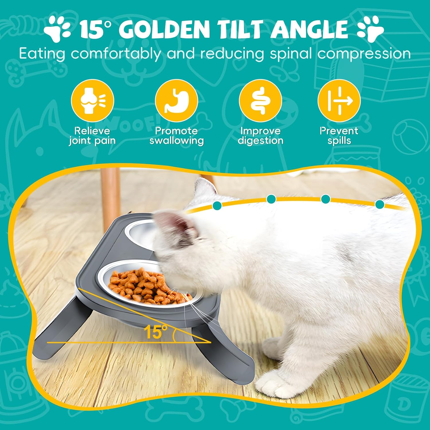Carehabi Elevated Cat Bowl, Height Adjustable Tilted Cat Bowl with Non-Slip Foot Pads, Feeding Bowl and Water Bowl Set, Prevent Food Spill for Cats and Dogs image number 4