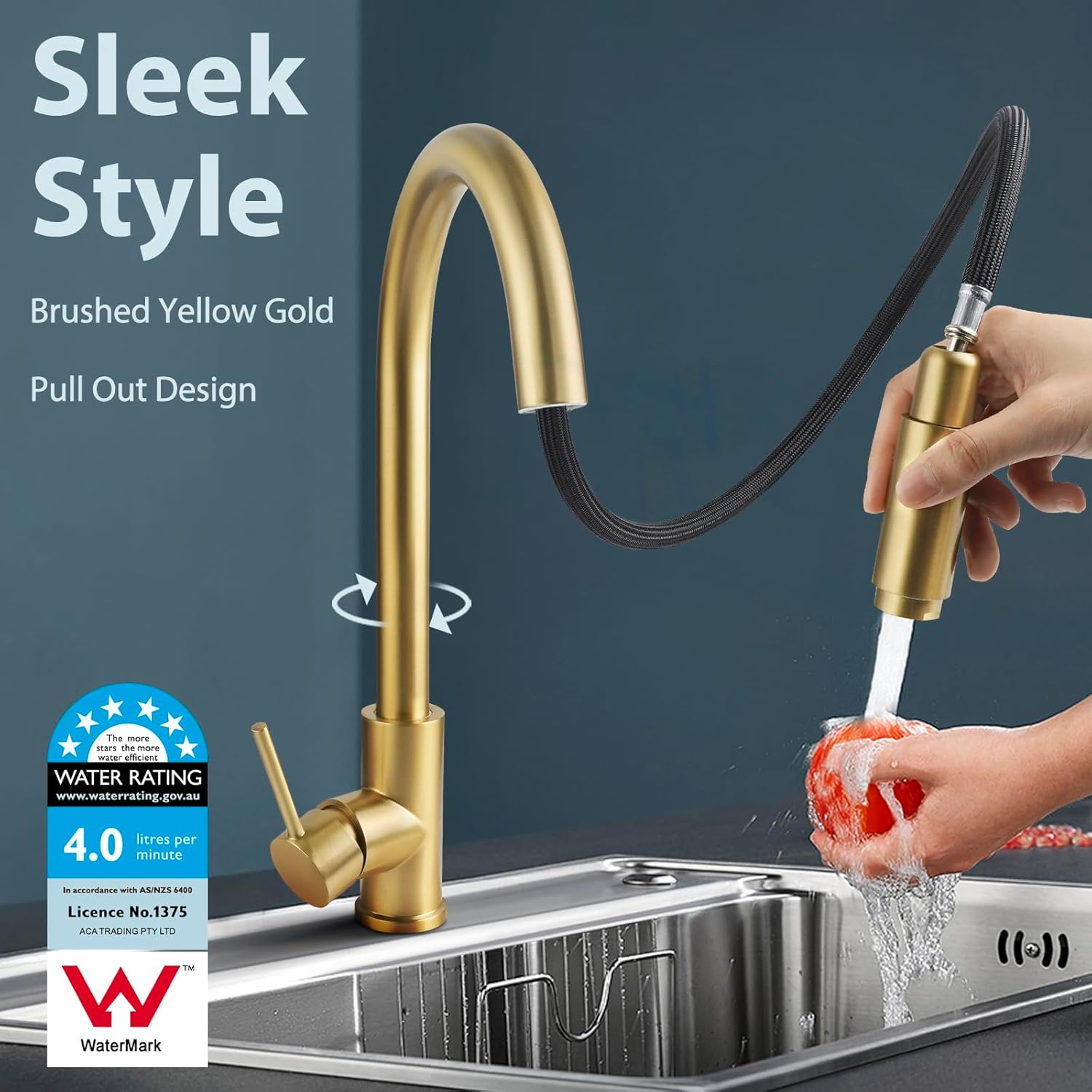 ACA International DR Brass Lead Free Kitchen Tap, WELS Kitchen Mixer Tap Pull Out 360&deg; Swivel Spout Kitchen Tap Laundry Faucet Brushed Yellow Gold - Black image number 4