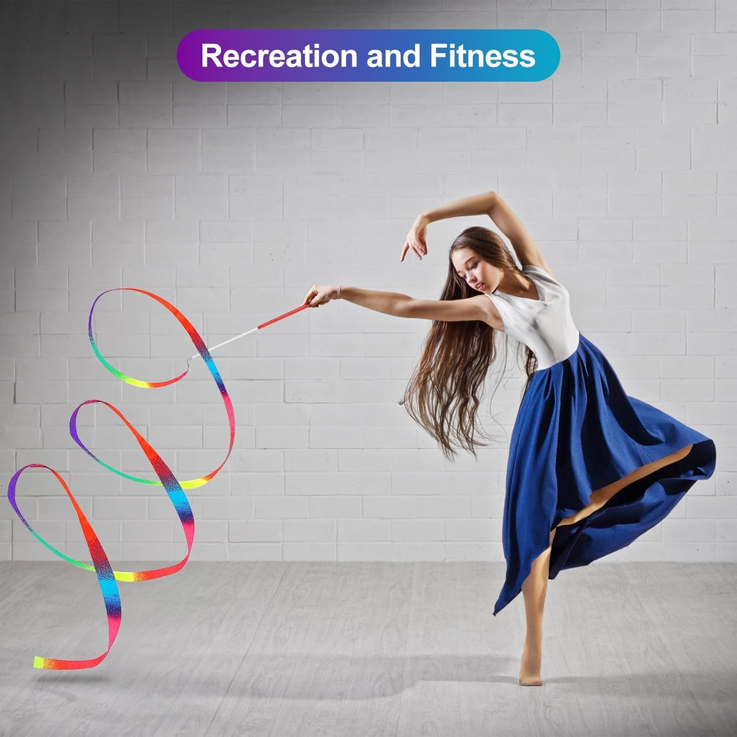 2 Pcs Dance Ribbons, Rainbow Ribbon, Rainbow Twirler Stick, Rhythmic Gymnastics Ribbon, Ribbon Dancer Wand for Kids Adults, Fits Artistic Dancing Gymnastics image number 4