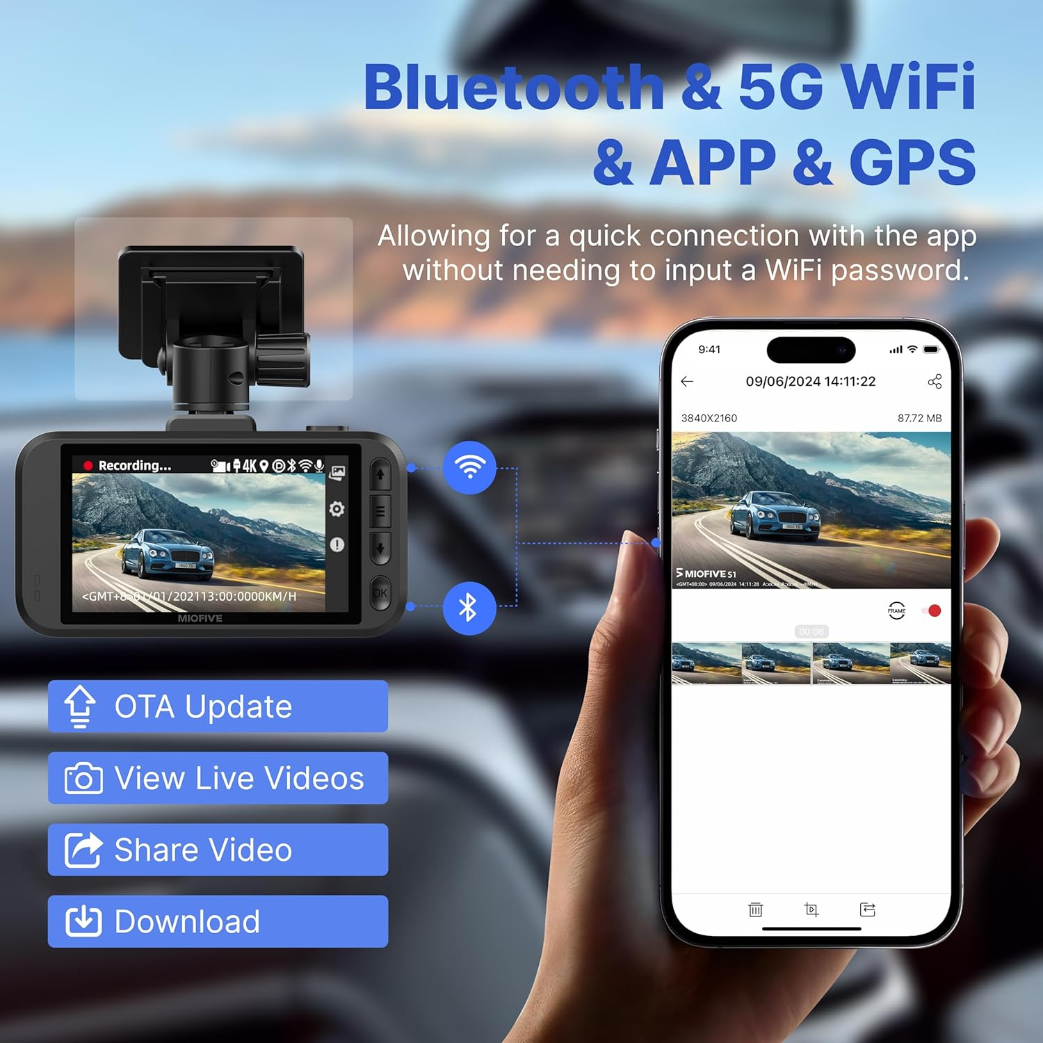 Miofive Dash Cam Front and Rear, Dual Car Dash Cam with 64G Card, Built-In 5G Wifi GPS with Smart APP Control, 24H Parking Monitor, AI Function, Loop Recording, Motion Detection Car Camera