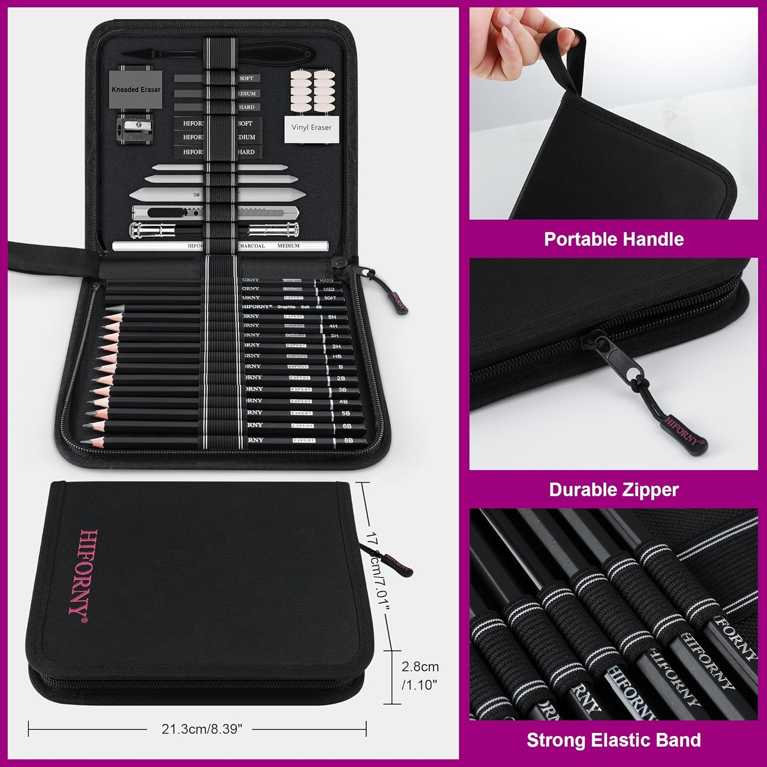 HIFORNY 42 PCS Drawing Set, Sketching Kit with Graphite & Charcoal Pencils, Blending Tools, Erasers & Accessories, Portable Zippered Travel Case for Artists & Beginners image number 3