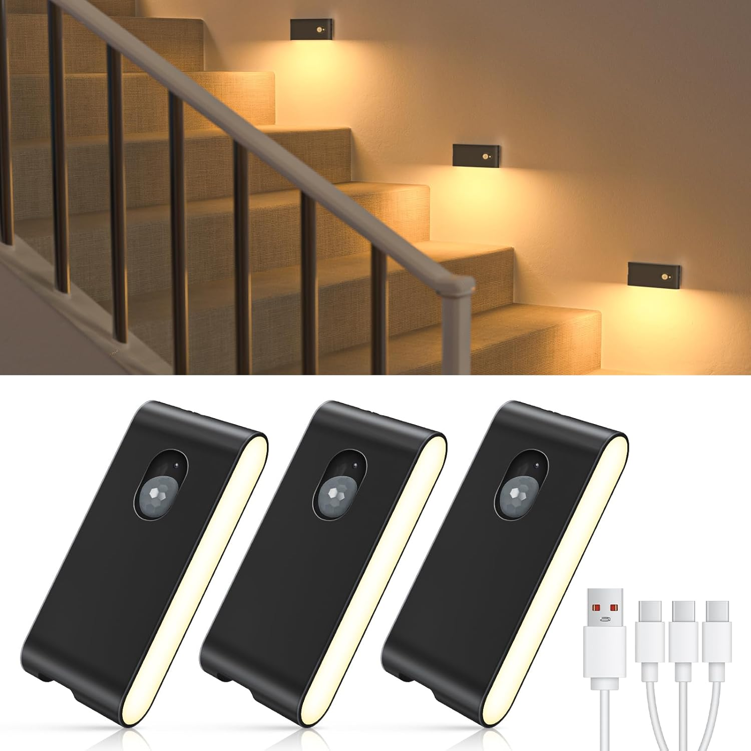 WILLED Motion Sensor Light Indoor, Battery Powered Stair Light Indoor, Rechargealbe Closet Lights, Magnetic Closet Lights for Wardrobe, Bedroom, Stairs, Hallway(3 Packs) image number 1