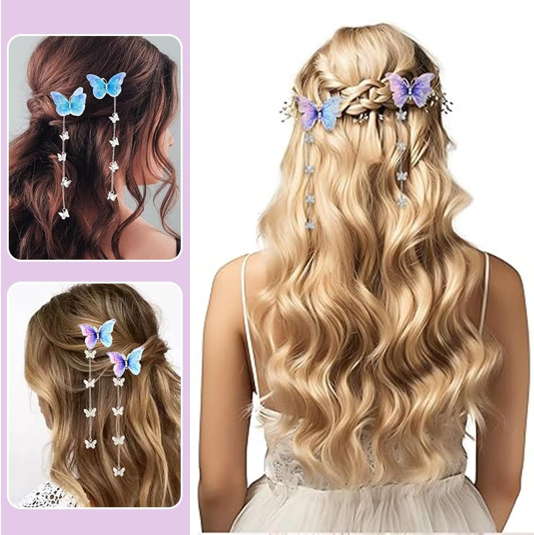 XUZOPIM Pack of 6 Butterfly Tassel Hair Clips Movable Fabric Butterfly Hairpin with Removable Tassel Cute Rhinestone Pins Side Clip Hair Clips Accessories for Women Girls Hair Accessories Girls image number 3