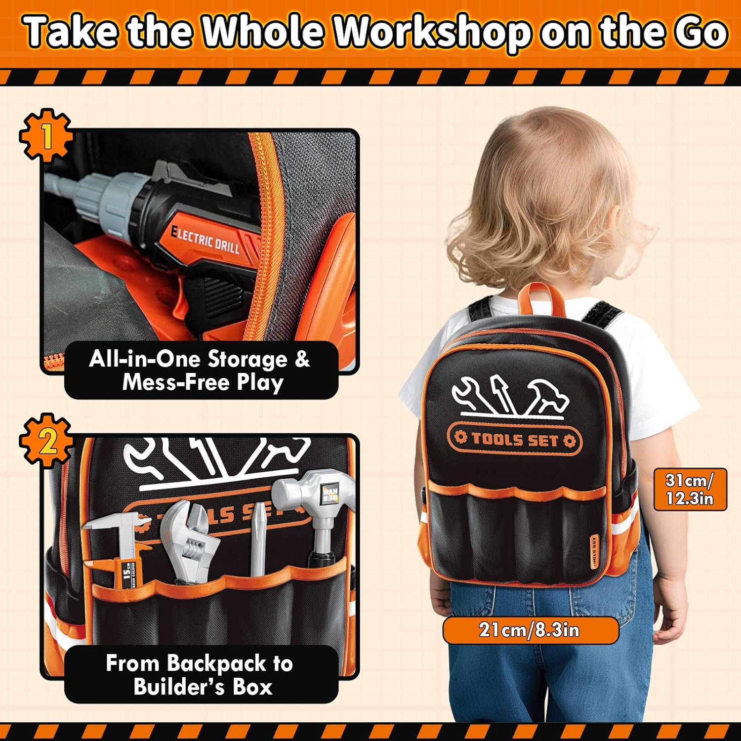 Kidbloom Kids Tool Set with Backpack, 50 PCS Construction Toys with Electric Toy Drill, Helmet and DIY Building Parts, Toys for 3 4 Year Old Boys Gifts image number 4