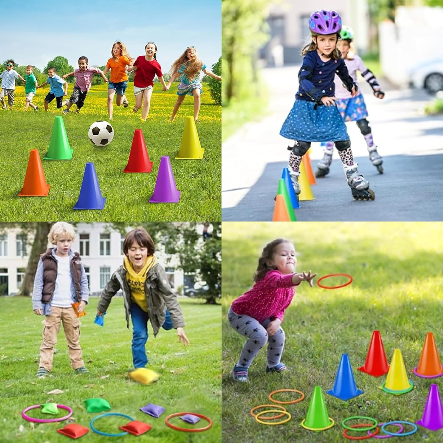 Colorful Happy Circle Game,Soft Plastic Cones Bean Bags Ring Toss Games for Kids Birthday Party Outdoor Games Supplies,6 Throwing Buckets+10 Circles+10 Beanbags+1 Storage Bag(Random Color)