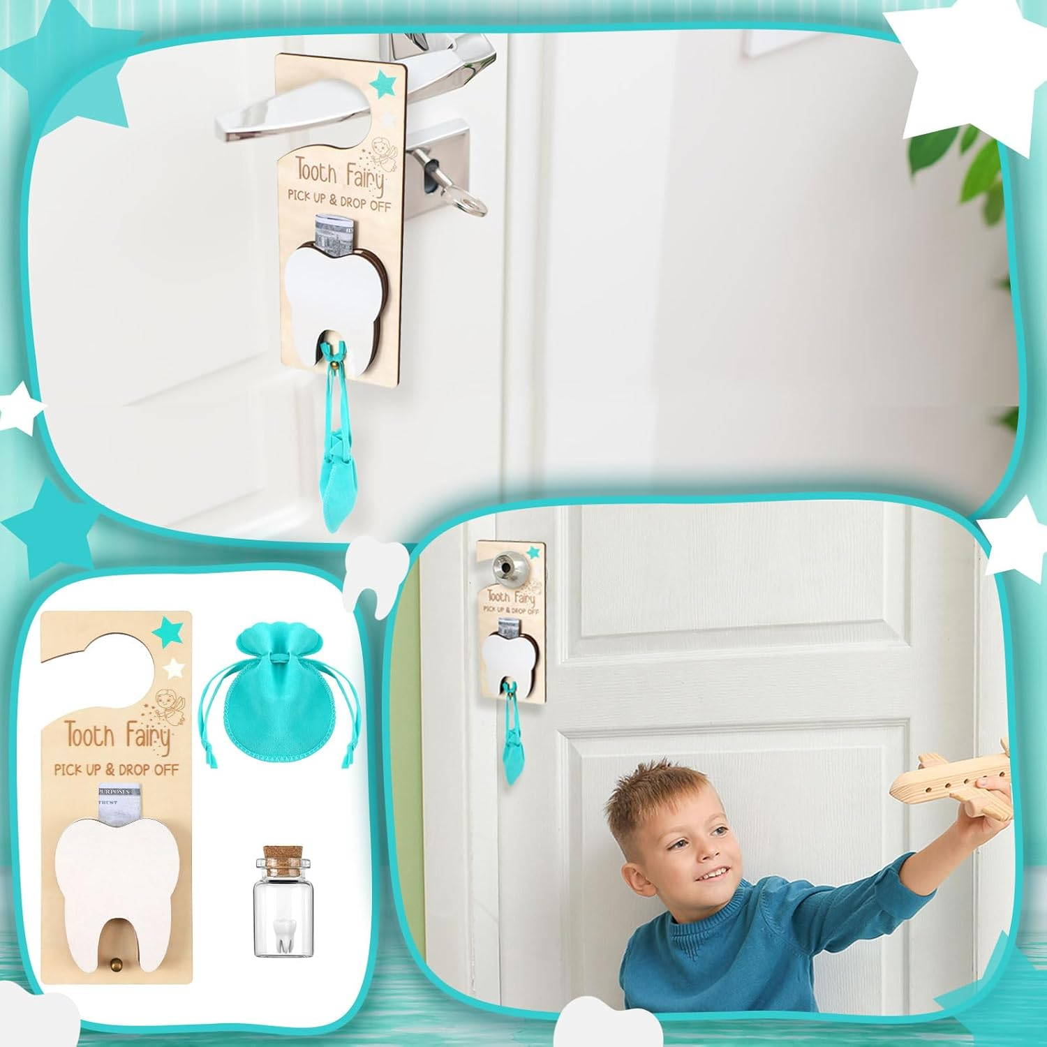 Doublefill Tooth Fairy Holder Bag Hanger with Money Slot Keepsake Bottle Velvet Pouch Tooth Fairy Box Encourage Gift for Lost Teeth Boy Girl Milk(Classic,Lake Blue) - Blue Brown image number 3