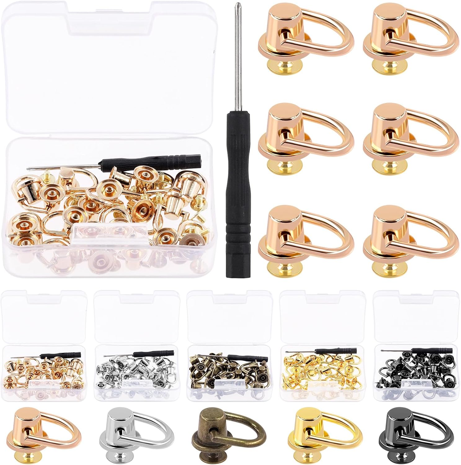 Glarks 41Pcs D Ring Rivets Kit Light Gold Ball Post Head Buttons Metal D Ring Stud Rivets Rotatable round Rivets with Screwdriver for Bags, Belts, DIY Leather Crafts - Black image number 7
