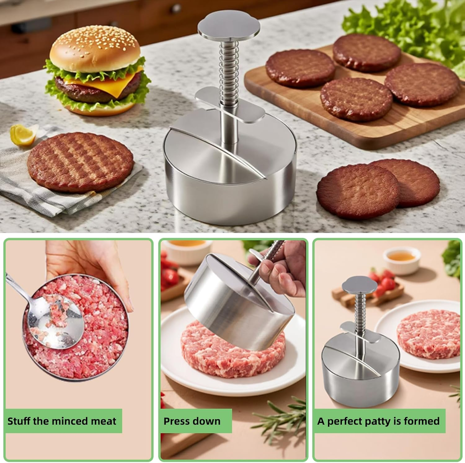 304 Stainless Steel Burger Press, Heavy Duty Adjustable Hamburger Meat Press Maker, Non-Stick Stuffed Patty Molds With150 PCS Hamburger Patty Paper for Beef, Vegetables, Meat, BBQ, Party Grill image number 1