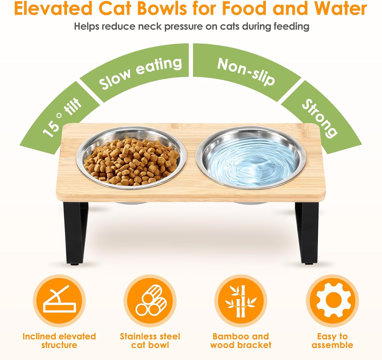 Raised Cat Bowls Non Slip 15&deg; Tilted Elevated Feeder Set with Stand Protect Pet'S Spine anti Vomiting Raised Cat Dishes for Food and Water 2 Stainless Steel Bowls for Cats and Puppy (Wooden)