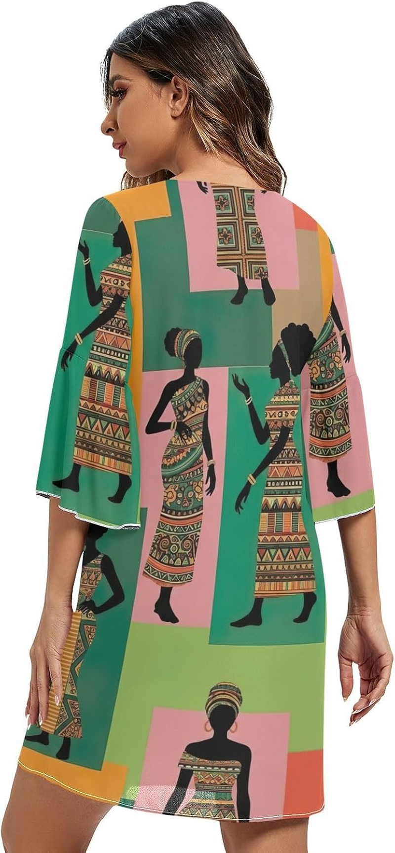 Retro Women Colorful Elegant V Neck Dress Printed Line Maternity Dress image number 3