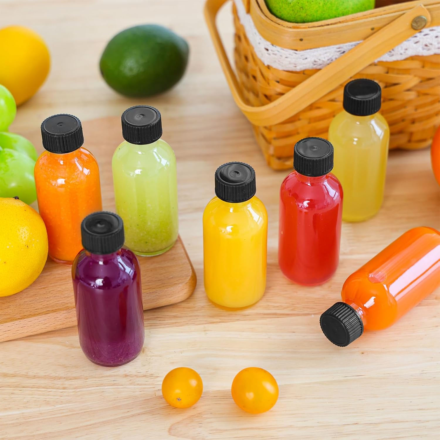 CUCUMI 8Pcs Glass Bottles with Caps, 2Oz Small Glass Juice Bottles, Shot Bottles with Caps, Small Glass Jars with Lids, Funnels, Waterproof Stickers and Brush image number 6