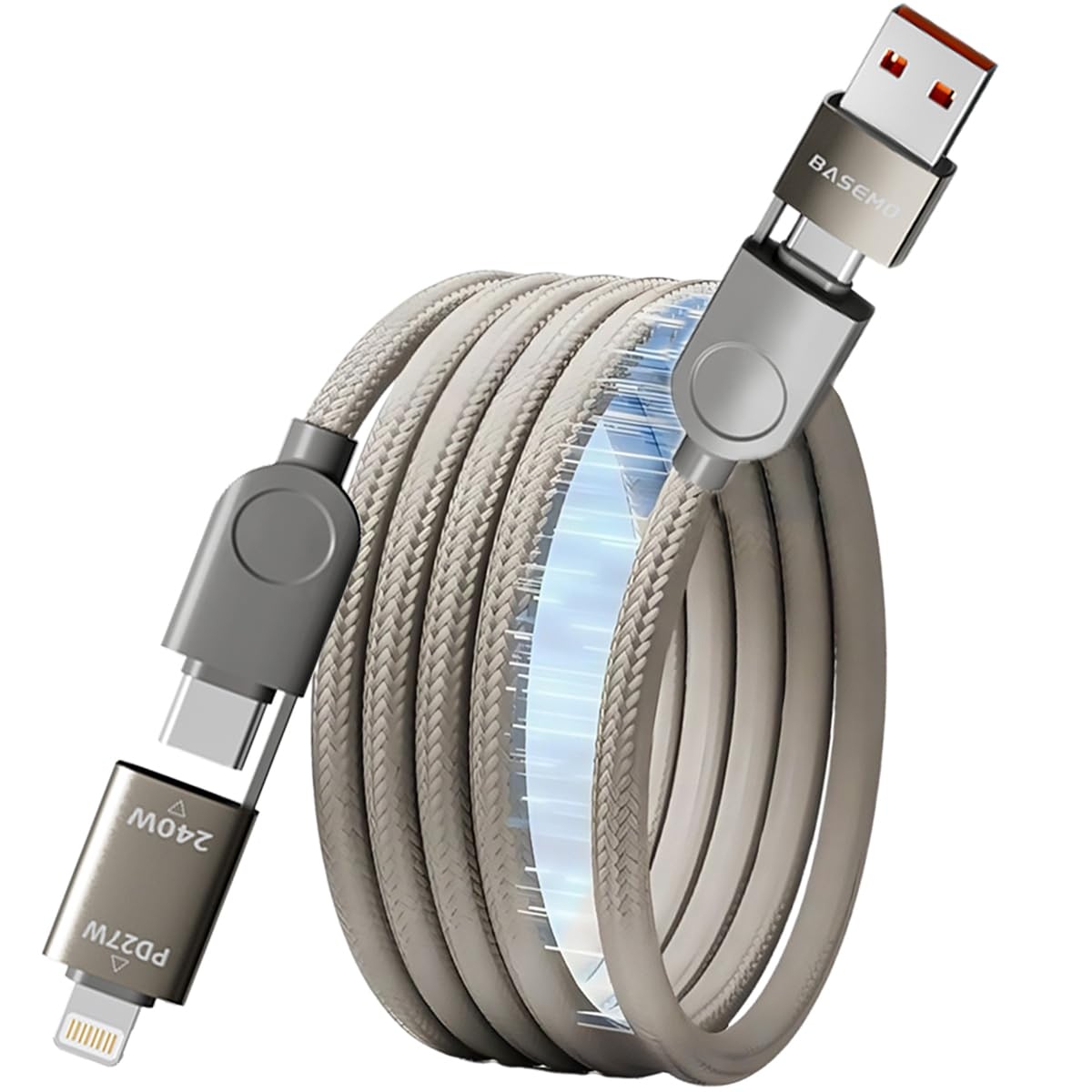 240W Magnetic USB C Cable [Automatic Coiled], 4-In-1 Multi Charging Cable (1.2M), USB A/C to C/L, Fast Charger for Iphone 16/15/14 Pro Max, Macbook, Ipad, Samsung S24 & More