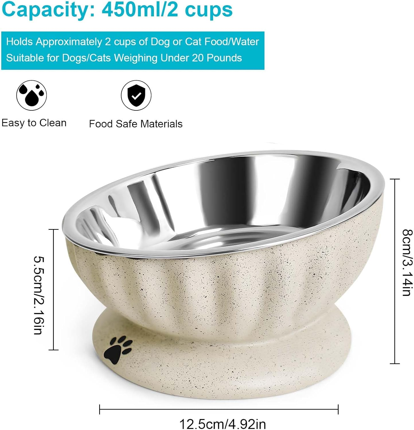 Dog Bowl for Small Dogs, Removable Stainless Steel Dog Bowls with Resin Base, Elevated and Tilted 15&deg; Pet Food/Water Bowl,15Oz Pet Food Bowl for Small Sizes