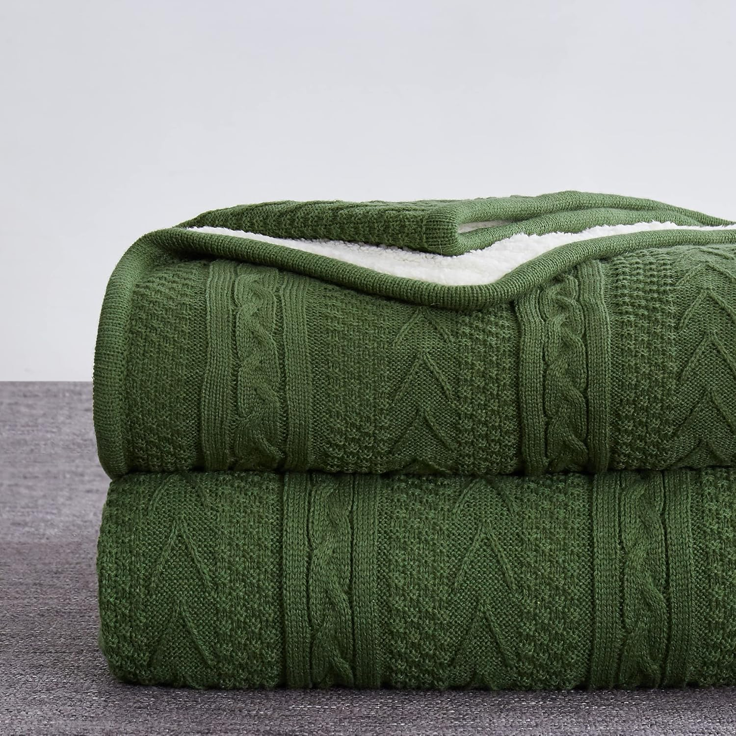 Longhui Bedding Olive Green Acrylic Cable Knit Sherpa Throw Blanket - Thick, Soft, Big, Cozy Knitted Fleece Blankets for Couch, Sofa, Bed - Large 60 X 80 Inches Coverlet All Season image number 4