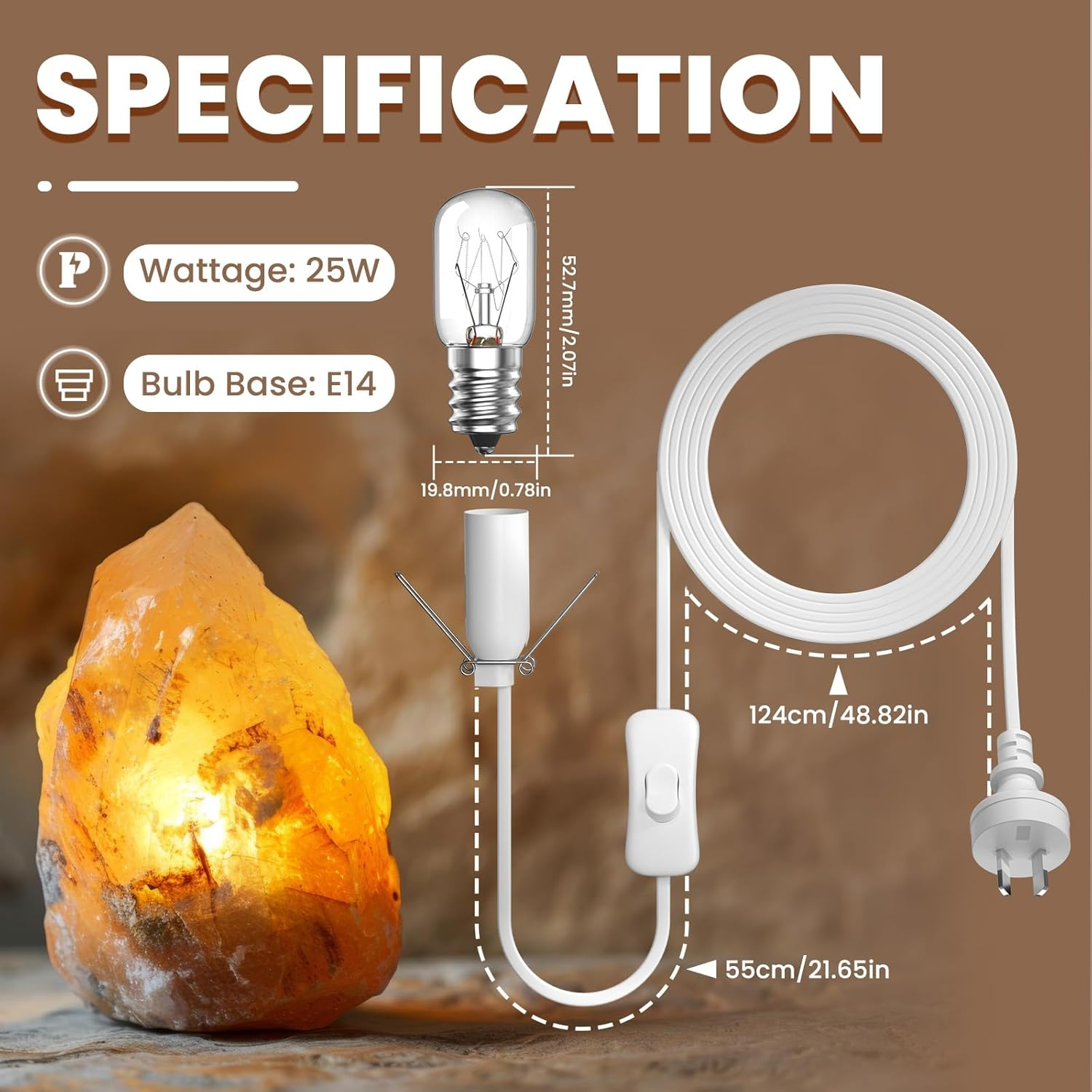 Tobebright 2X Salt Lamp Cord with On/Off Control Safe Plug and 6 Free E14 Bulbs, Salt Lamp Cord 1.8M, White Salt Lamp Power Cable Replacement Light Fitting Spare, for Himalayan Crystal Salt Rock Lamp image number 2