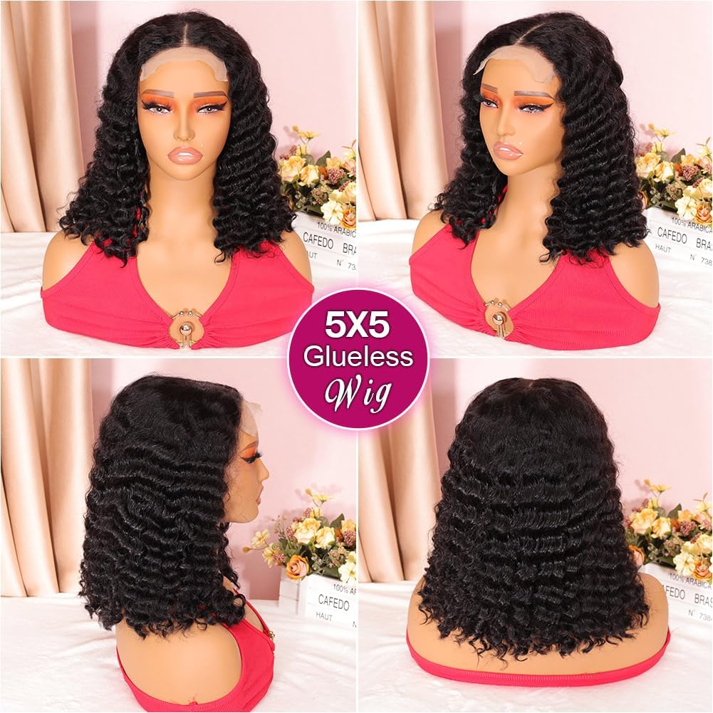 Ailwelia Curly Bob Wig Human Hair Deep Wave Glueless Wigs Human Hair Pre Plucked Pre Cut 5X5 Wear and Go Glueless HD Lace Closure Wigs Human Hair for Black Women 200% Density Black Color 14 Inch image number 4