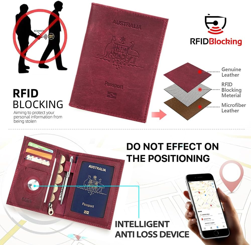 Contacts Full Grain Leather Passport Holder for Women RFID Blocking Travel Passport Wallet Slim Compatible with Airtag Passport Case with Coin Pocket, 4 Card Slot (Badge, Red) image number 3