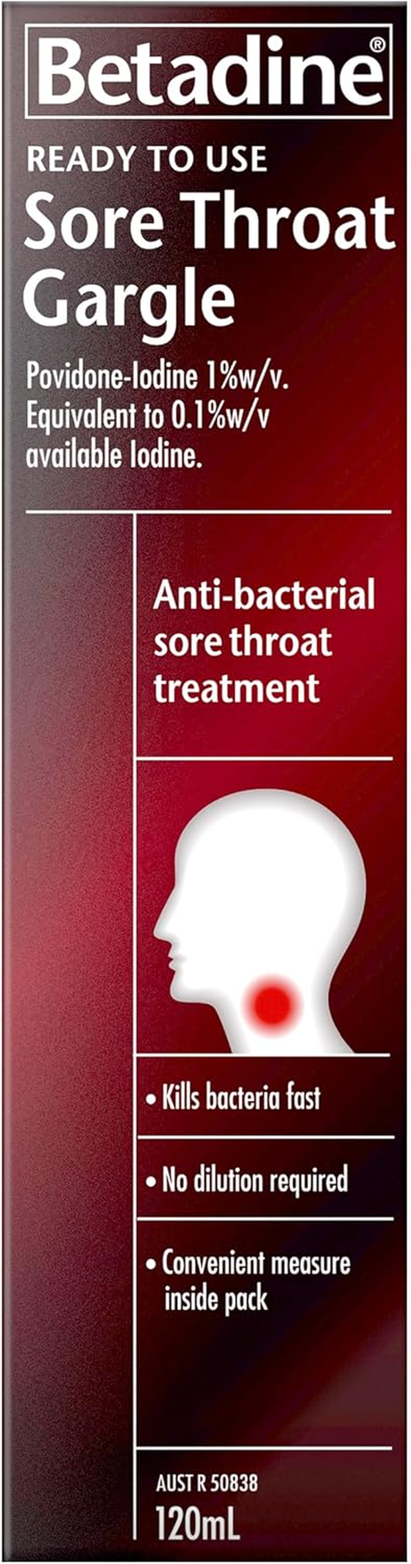 Betadine Ready to Use Sore Throat Gargle, Kills Bacteria That May Cause a Sore Throat, 120Ml image number 2