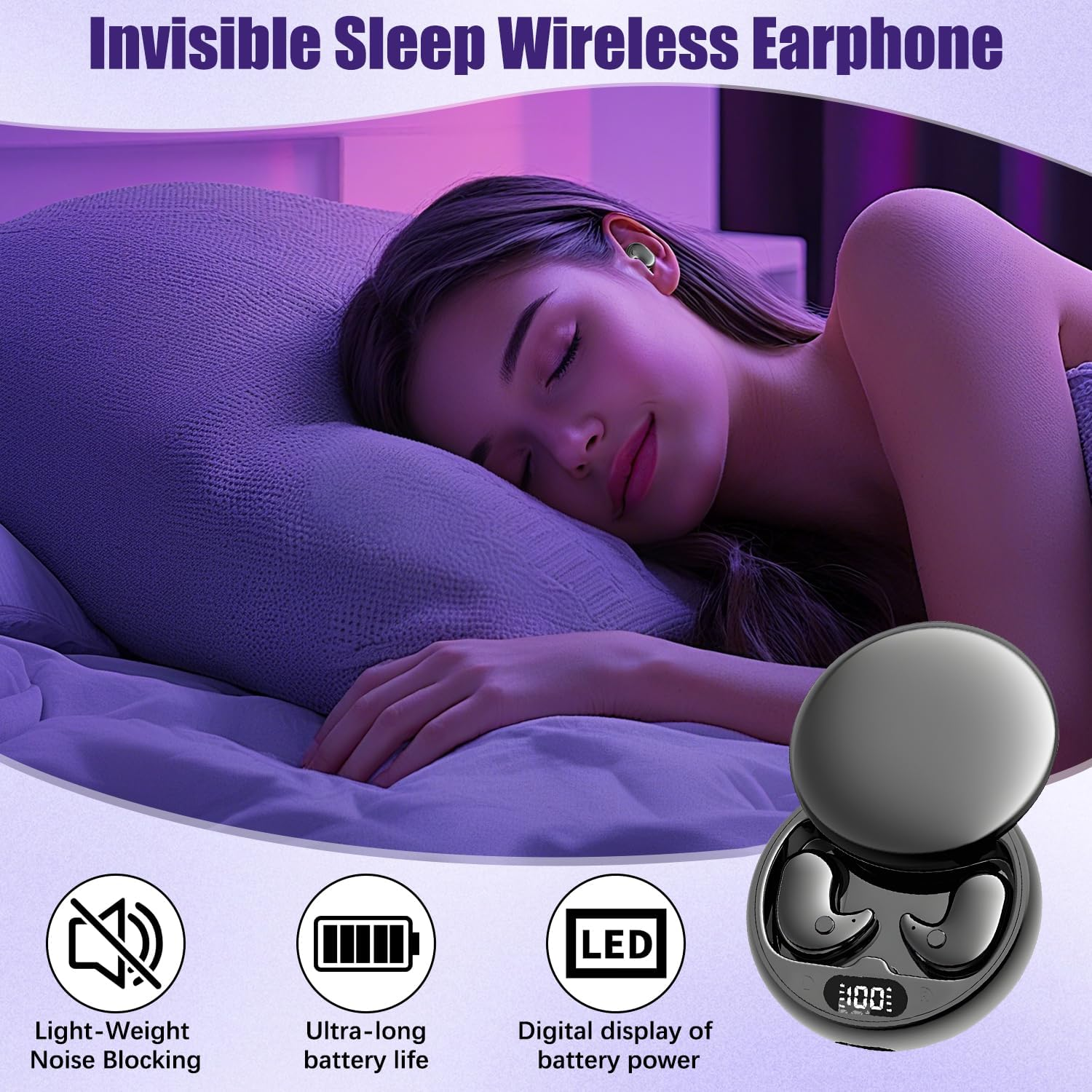 Sleep Ear Buds, Invisible Sleep Wireless Earphone, Comfortable Fit LED Power Display Clear Sound for Sleeping Working Hiking (White) - Black image number 3