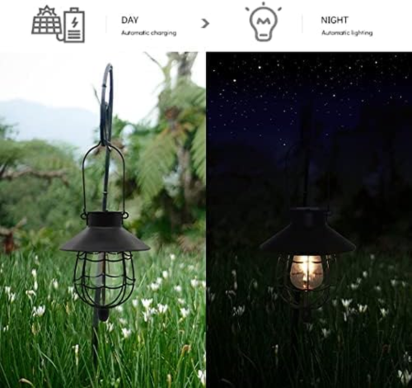 Yakii 2 Pack Solar Lantern Hanging Outdoor Metal Solar Lamp Waterproof with Warm White Light Decorate for Yard Garden Pathway Patio Porch Decor (Black) - Black image number 4