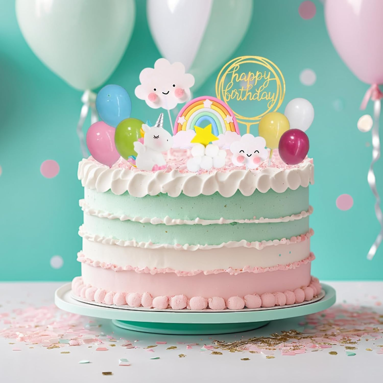 Unicorn Cake Topper Rainbow Cake Decoration with Balls Party Supplies for Happy Birthday, Baby Shower, Wedding, Cake Decoration for Girls Boys Women image number 2