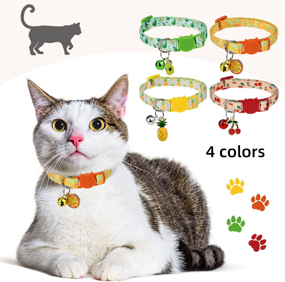 Cooshou 4Pcs Breakaway Cat Collars with Bells Kitten Collar Breakaway Friut Plaid Collar with Pineapple, Cherry, Lemon, Avocado Adjustable Collars for Female Girl Cats Male Boy Cats