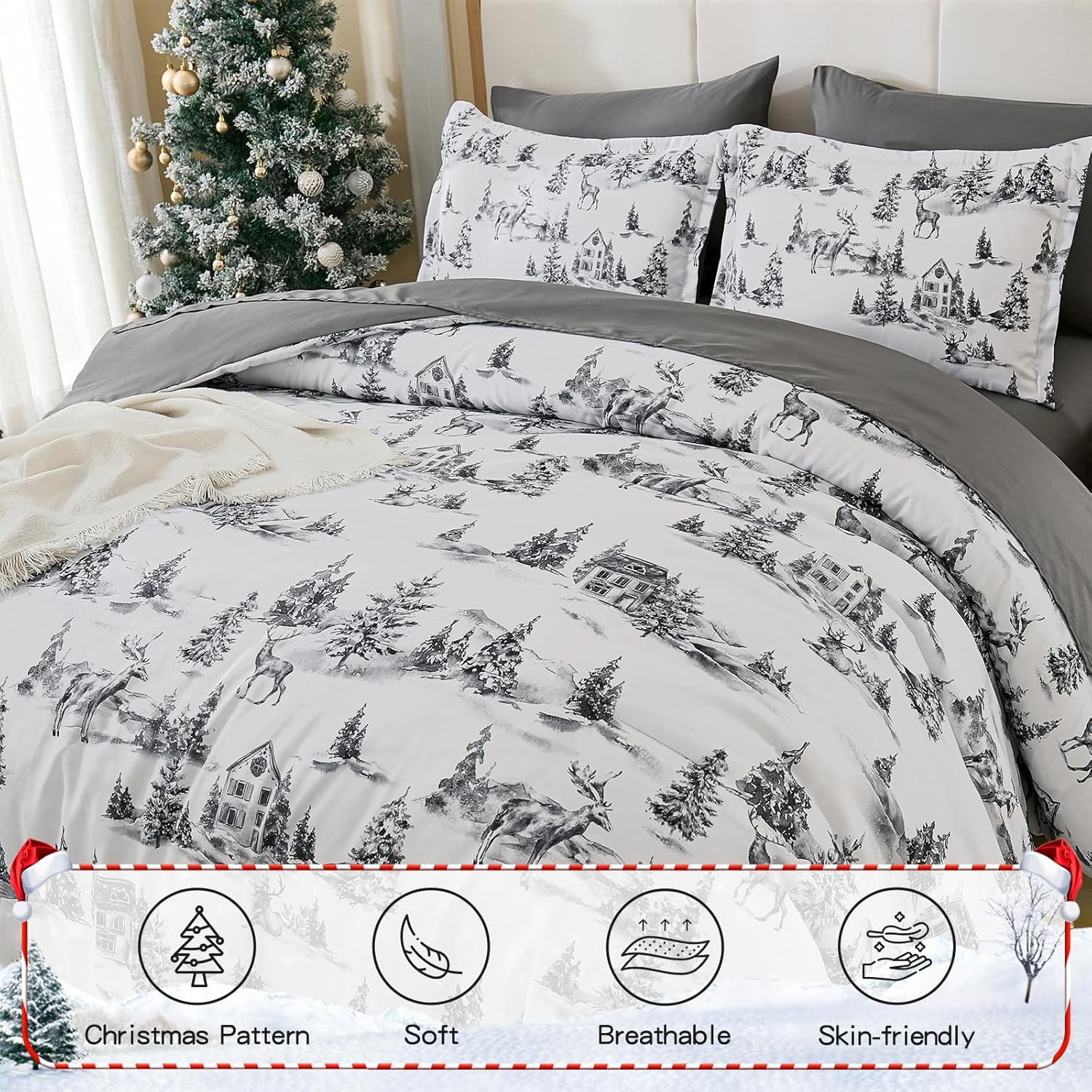 Dobuyly Christmas Duvet Cover Set Queen Size 3PCS Grey Lodge Reindeer Tree Duvet Cover with 2 Pillowcases, Soft Microfiber Xmas Holiday Bedding Set 90"X90"(No Comforter) image number 6