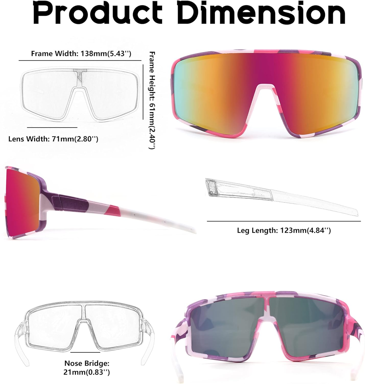 FEISEDY Sports Sunglasses Polarized Oversized Shield for Women Men Youth Baseball Cycling Running Outdoor Visor B2988 - Pink Camouflage Frame - Purple Mirrored Lens image number 2