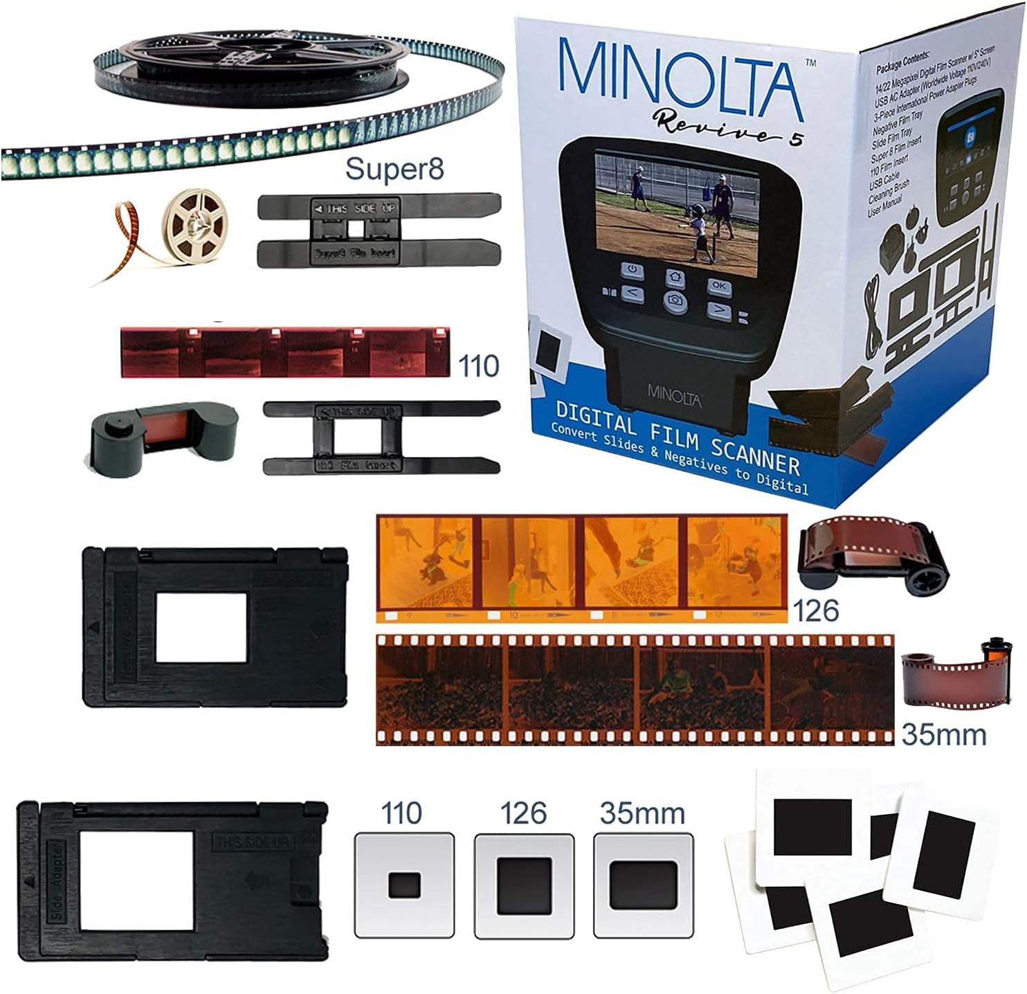 MINOLTA Film & Slide Scanner, Large 5" Screen, Convert Color & B&W 35Mm, 126, 110 Negative & Slides, Super 8 Films to High Res 22MP JPEG Digital Photos, 16GB SD Card, Worldwide AC Adapter (Black) image number 6