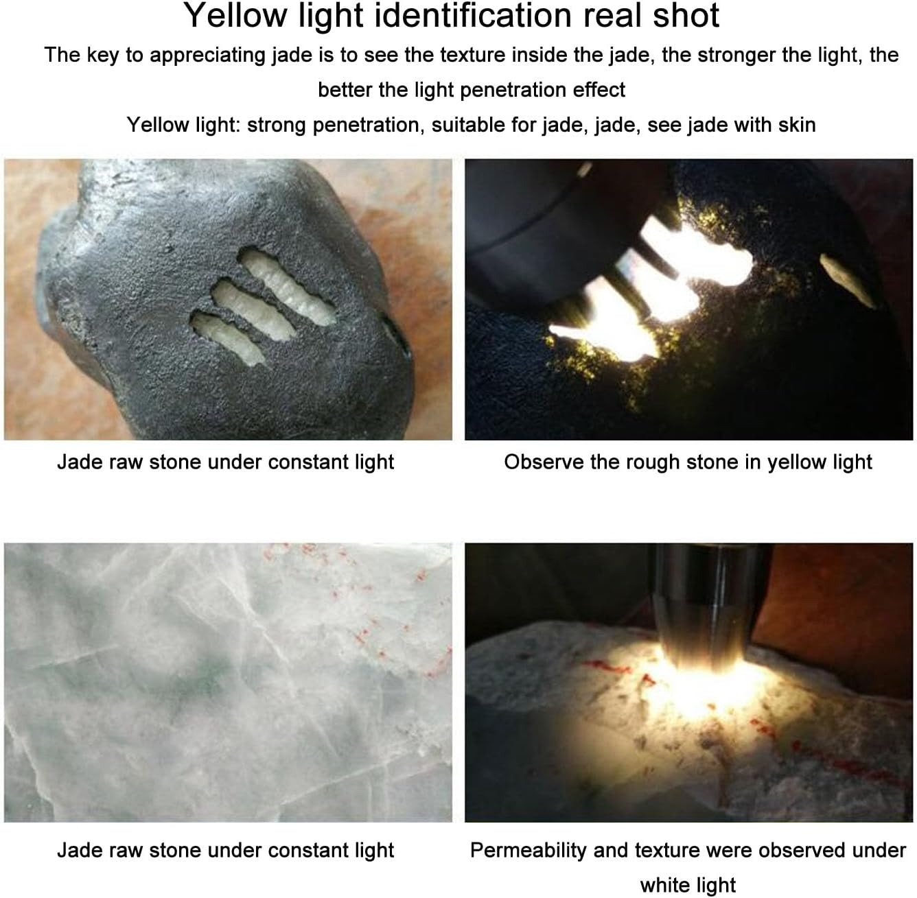 Gemstone Identification Lights with Tail Switch USB Type C UV White Yellow Light 3 in 1 LED 365Nm Flashlight for Gems Jade