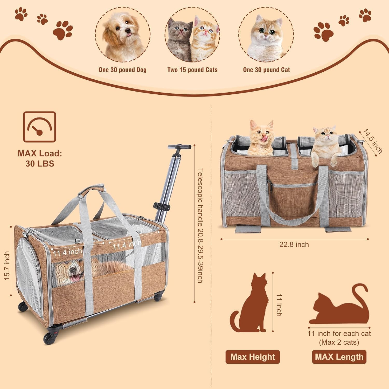PANTREE Cat Carrier Soft with Wheels, Double Compartment Foldable Rolling Cat Carrier for 2 Small Cats and Dogs, Fully Breathable for Traveling/Hiking/Camping/Veterinary Visits (Brown) image number 6