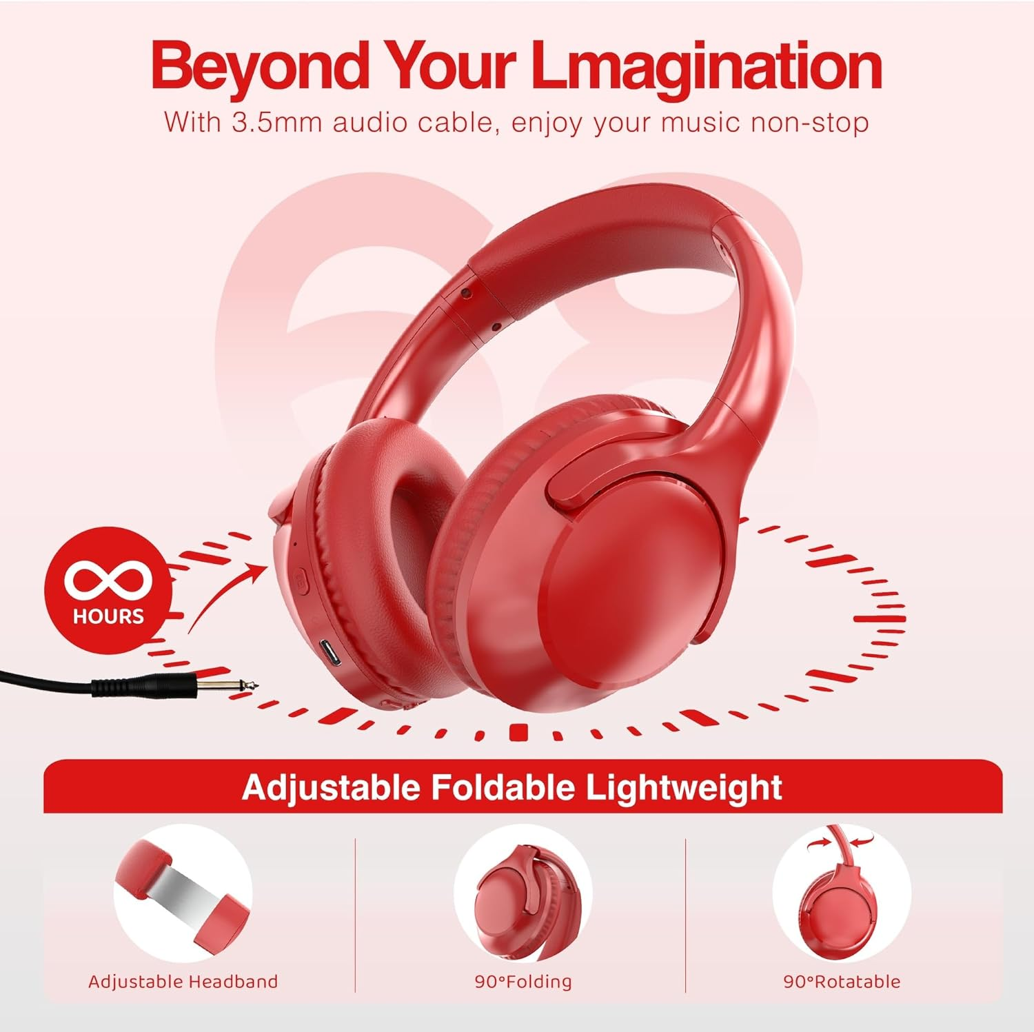 MIDOLA Bluetooth Headphones over Ear 68H Playtime 6 EQ Wireless Headset with Microphone Hifi Stereo Foldable Lightweight Deep Bass for Travel Home Office Cellphone Red - Cyan image number 6