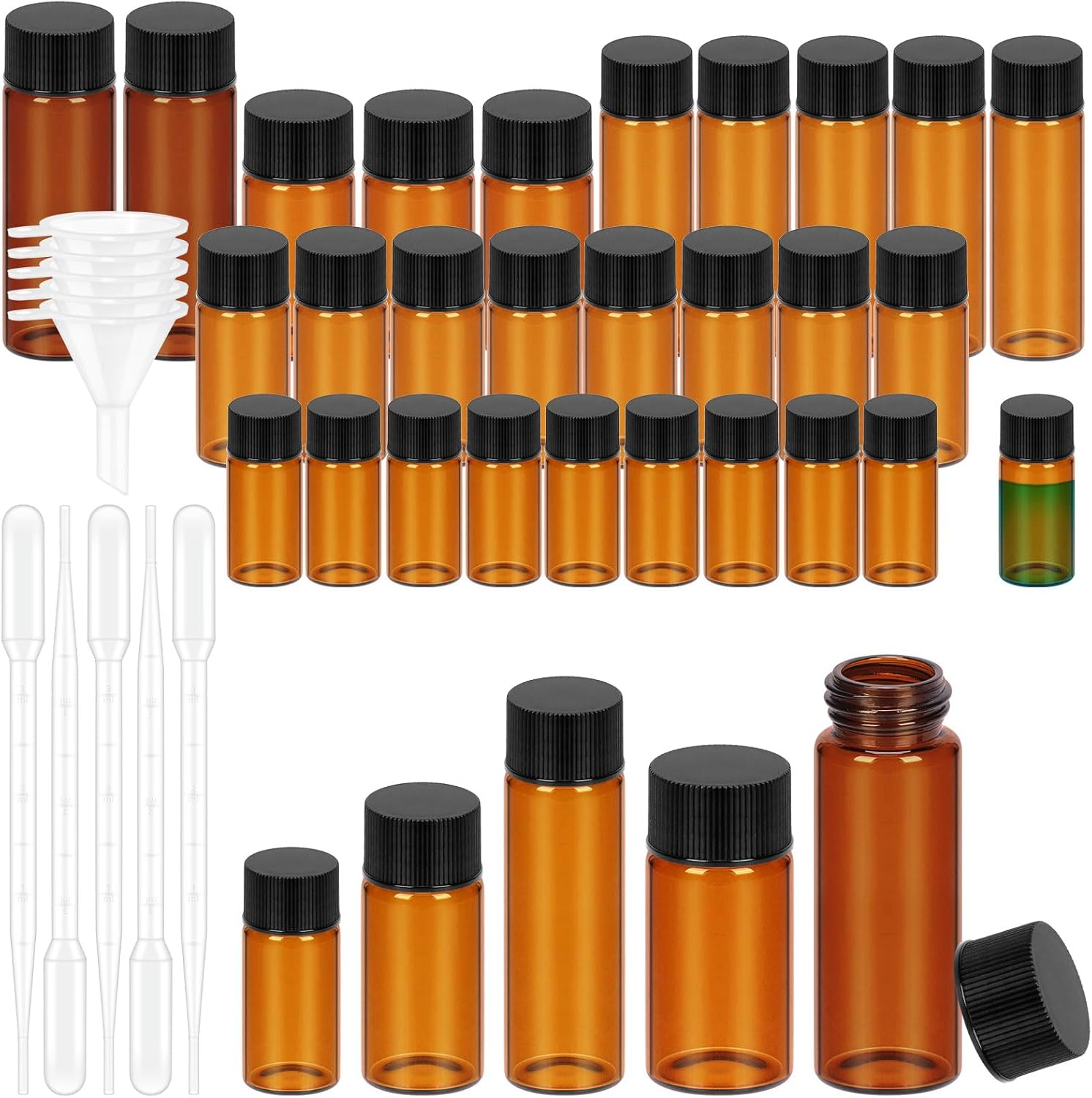 Glarks 38Pcs 5ML 10ML 15ML 20ML 30ML Brown Glass Vials with Black Screw Caps, Small Liquid Sample Vial, Leak-Proof Vial with Dropper and Small Funnel Set image number 2