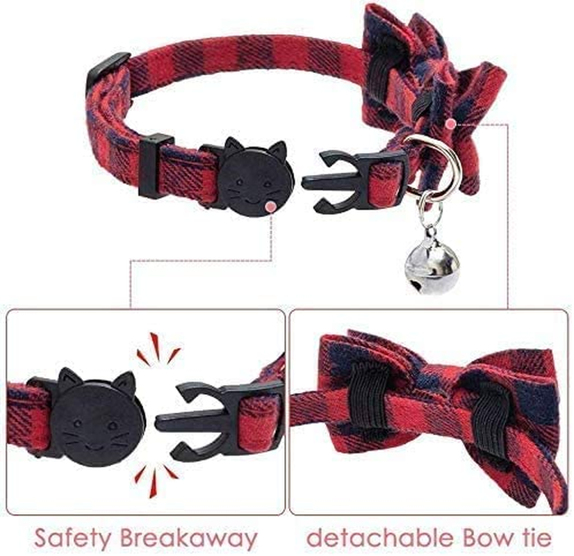 4PCS Breakaway Bowtie Pet Collar with Bell(2Red&2Green Plaid Style),Christmas Dog Collar with Bow, Christmas Plaid Dog Bow Tie, Adjustable Cotton Red Bowtie Dog and Cat Valentine'S Day Collars for Kitty, Puppy, Dogs,Small Pets image number 4