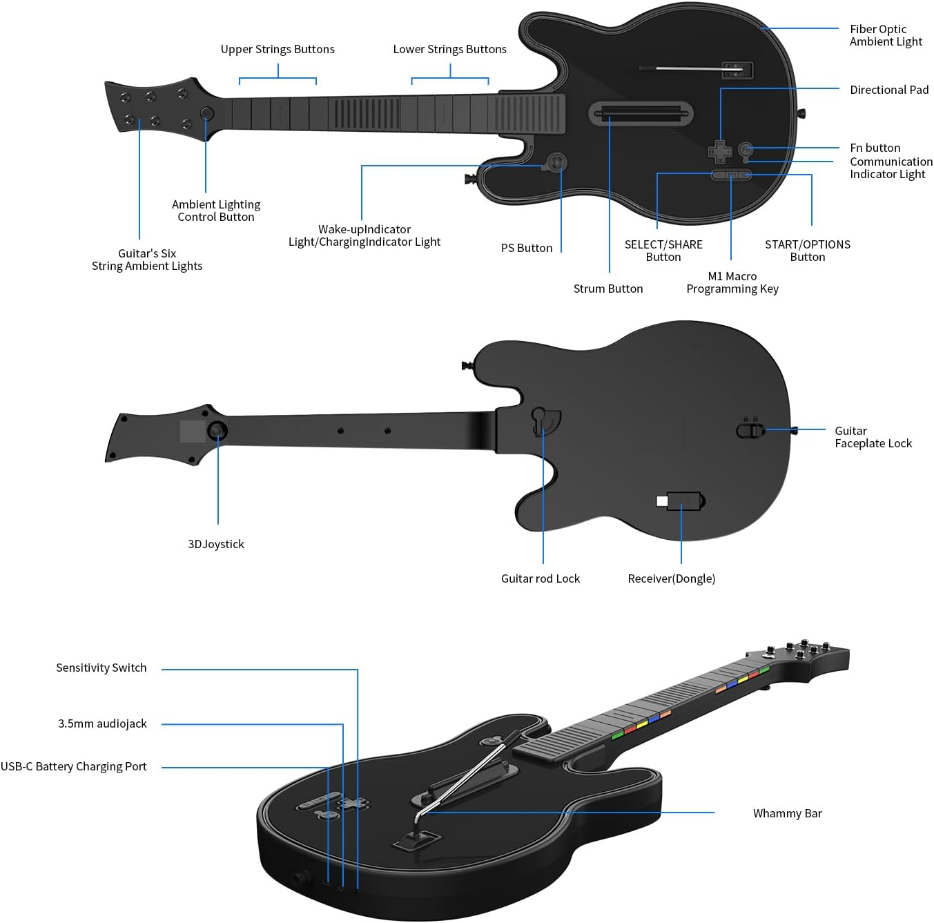 JJDWIN Wireless Guitar Hero Controller for PS4/PS3/PC with RGB Light, Rock Band & Clone Hero Games,  Festival with Strap & Wireless Dongle,Black
